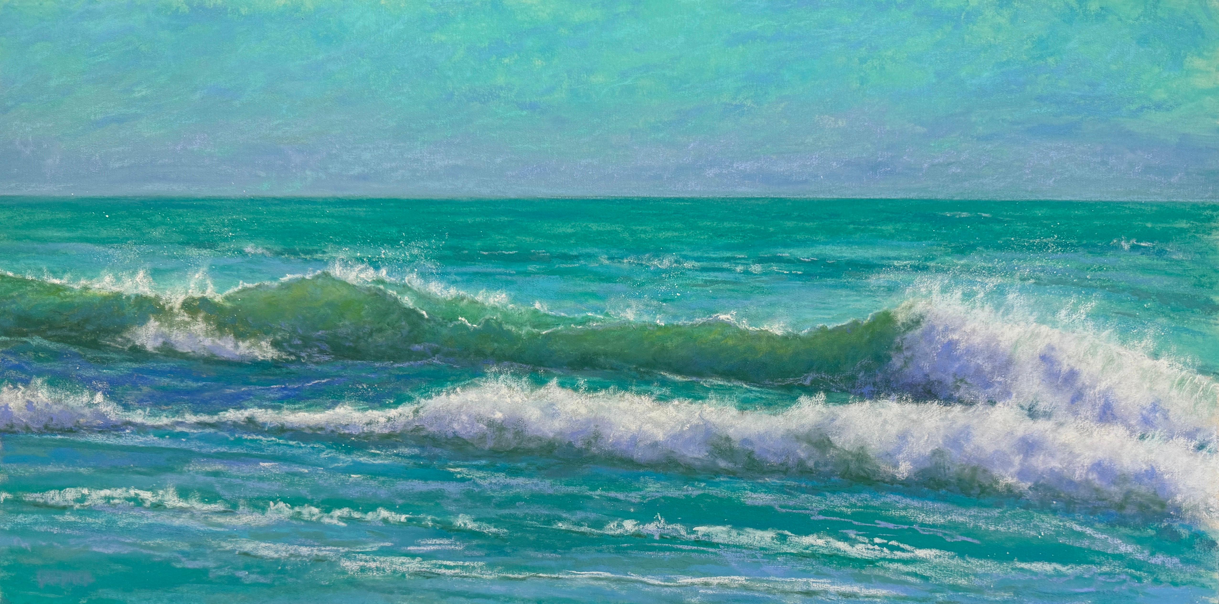 Dina Gardner Landscape Painting - Ocean's Jewels - Impressionist Framed Wave Pastel Painting