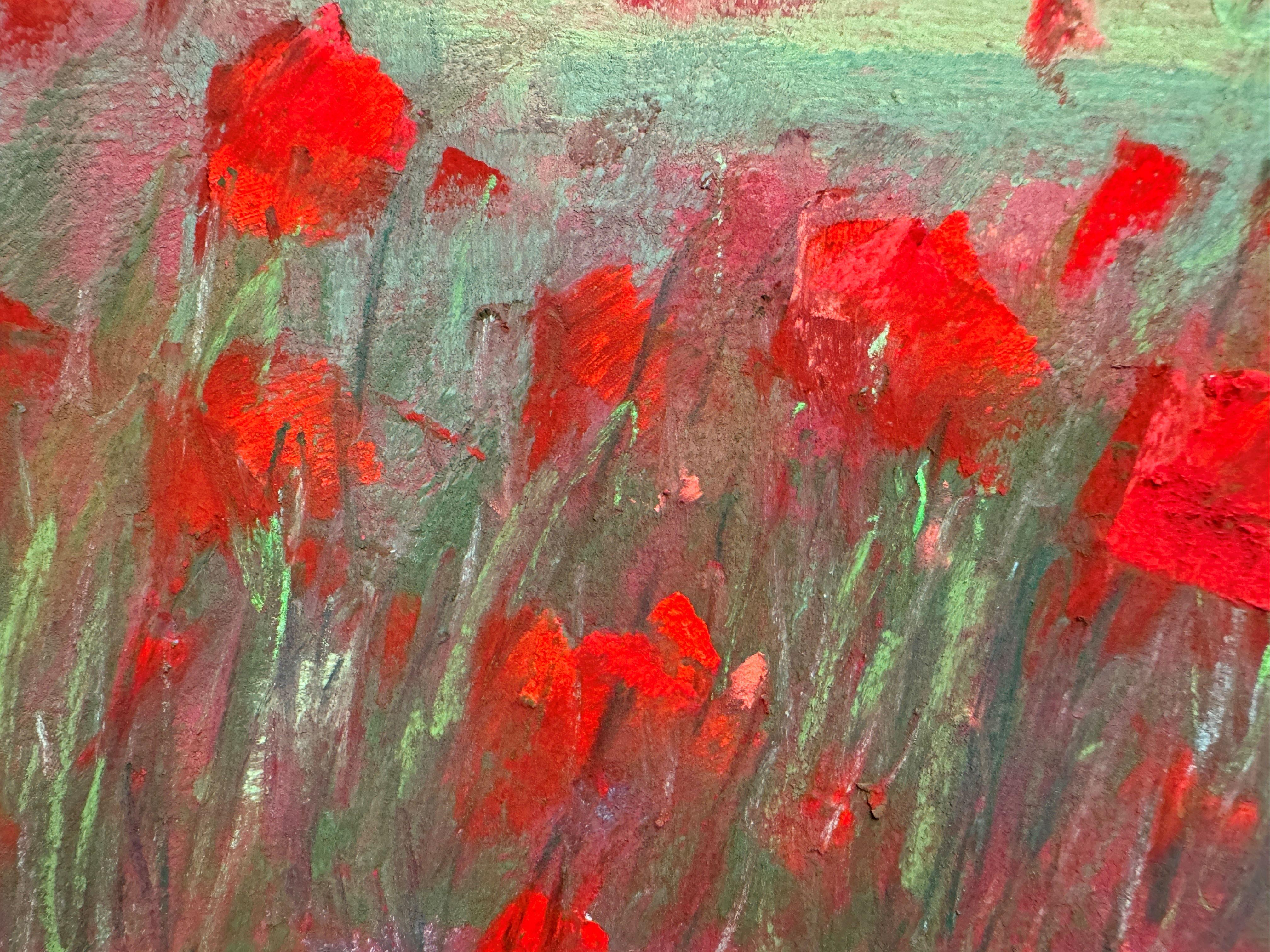 Poppies for Miles - Pittura impressionista a pastello di un campo di papaveri - Painting di Dina Gardner