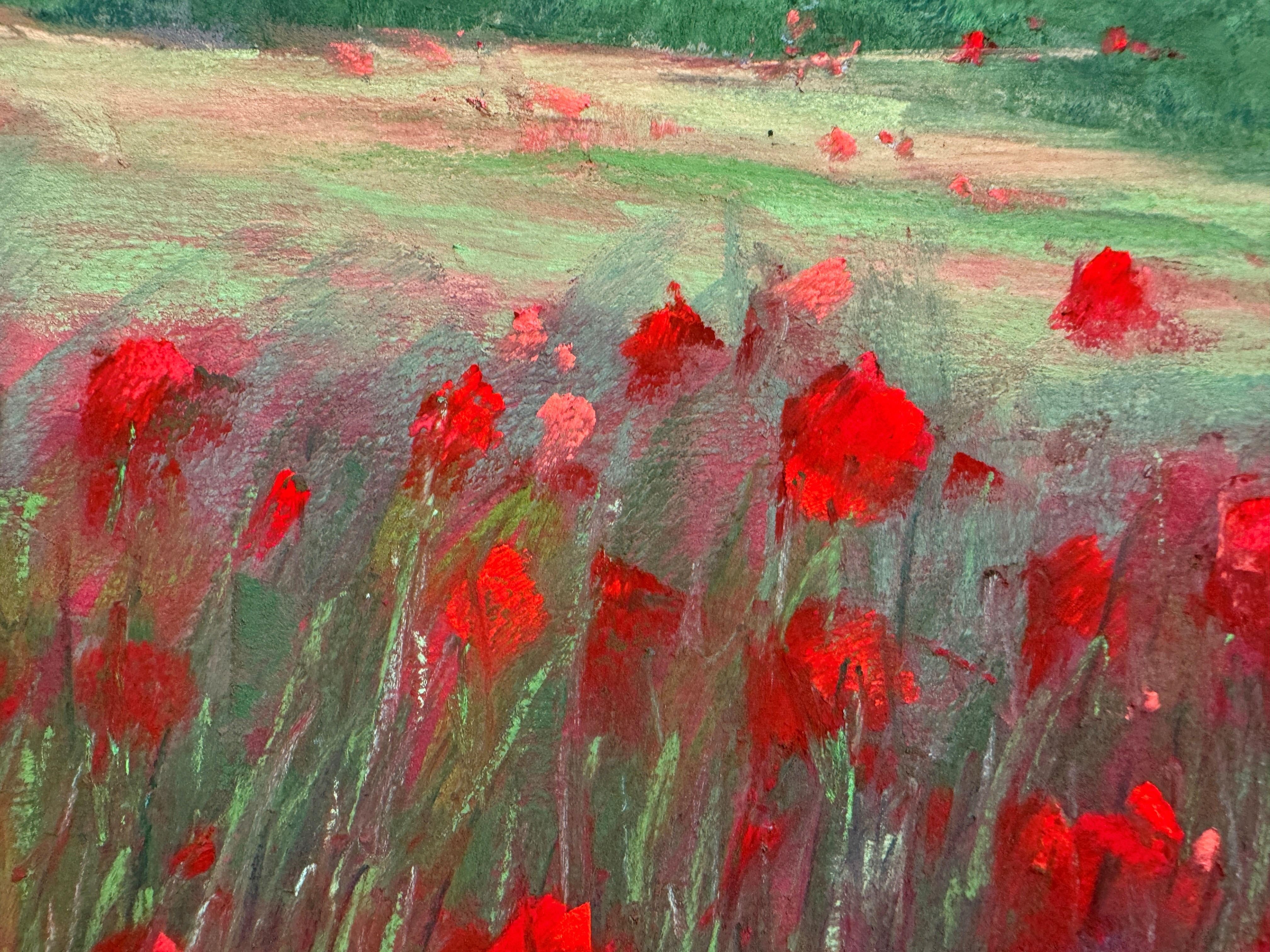 Poppies for Miles - Pittura impressionista a pastello di un campo di papaveri - Painting Impressionismo di Dina Gardner