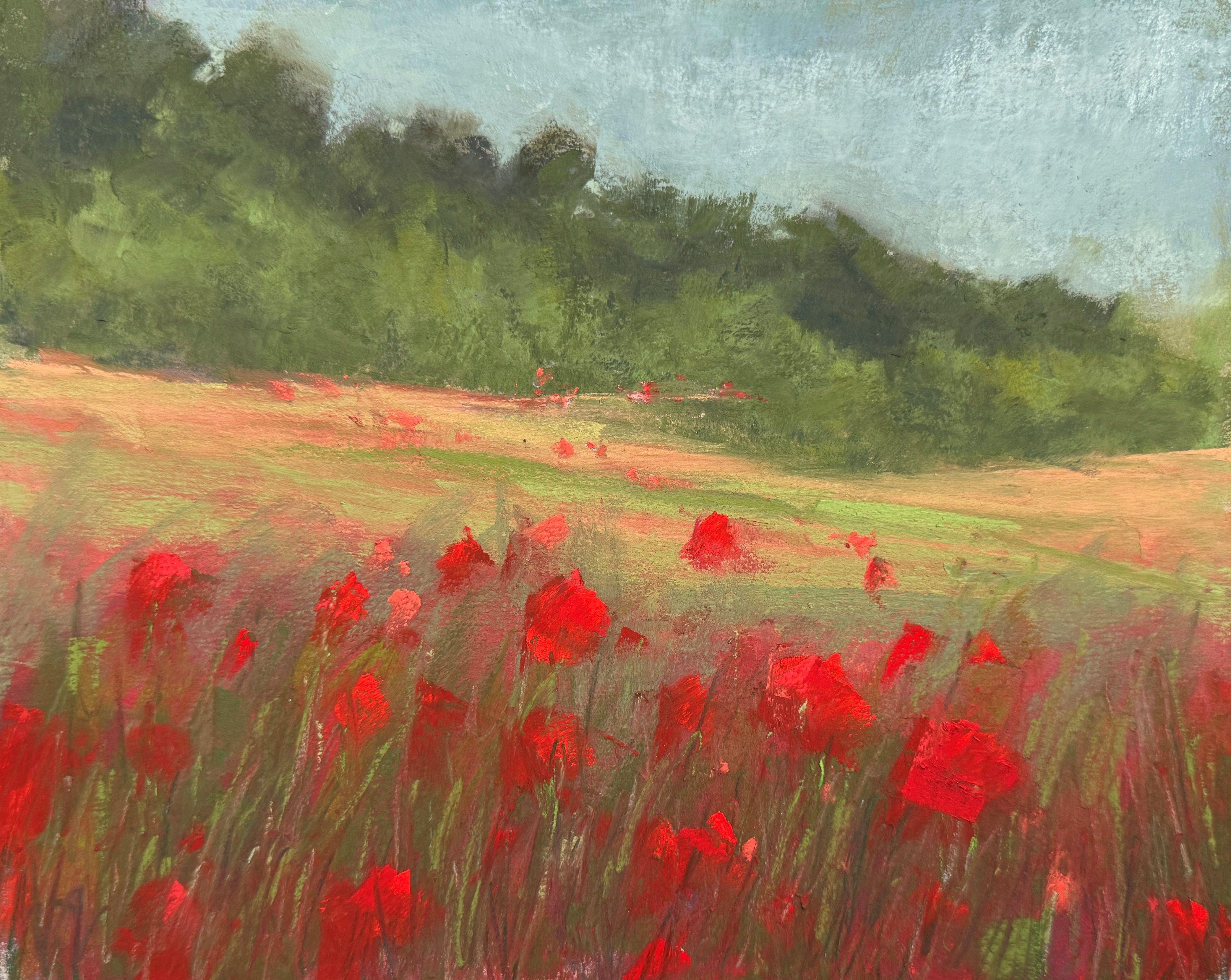 Landscape Painting di Dina Gardner - Poppies for Miles - Pittura impressionista a pastello di un campo di papaveri