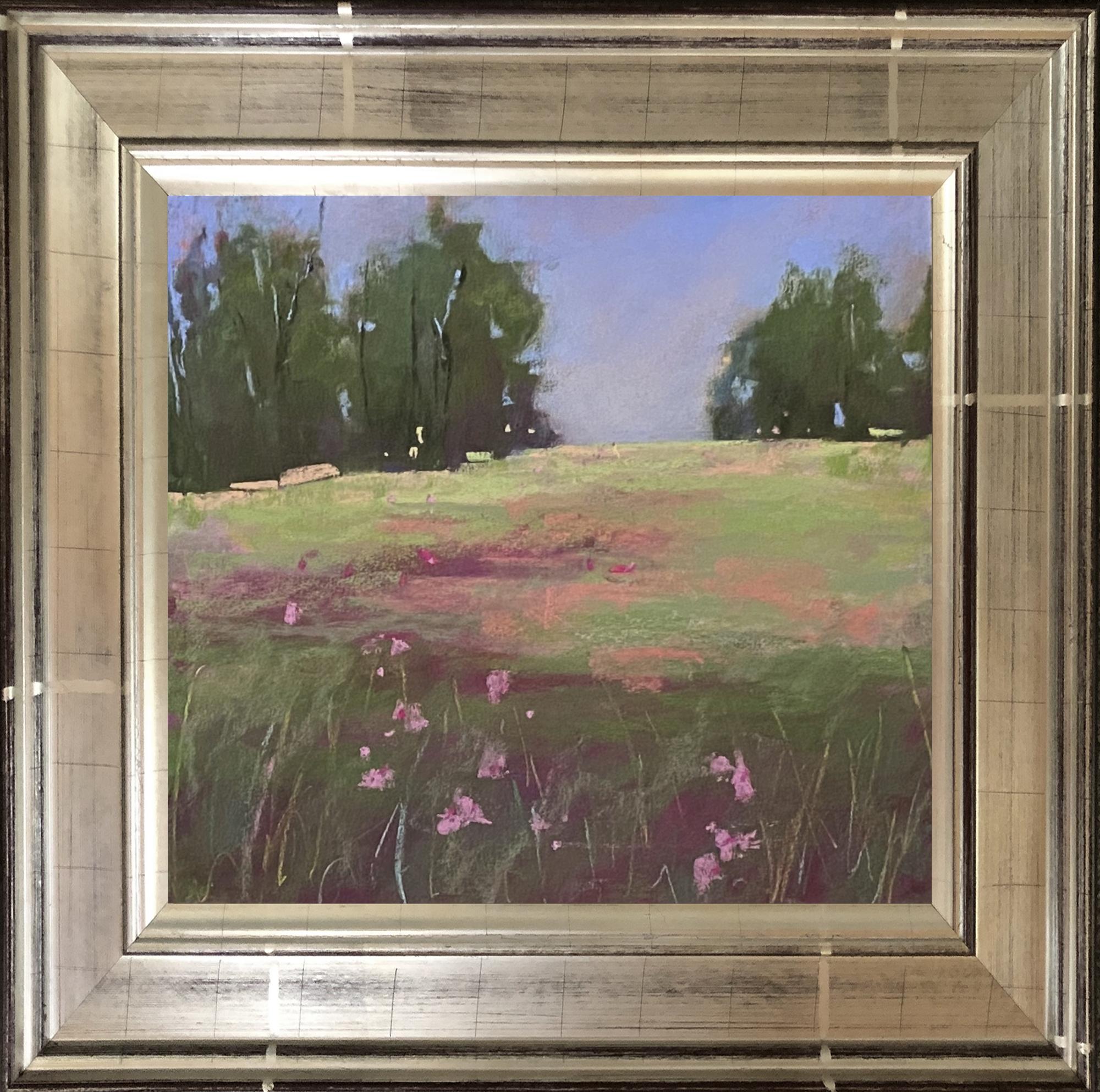 Landscape Painting Dina Gardner - Joli en rose, peinture de paysage originale encadrée, 2021