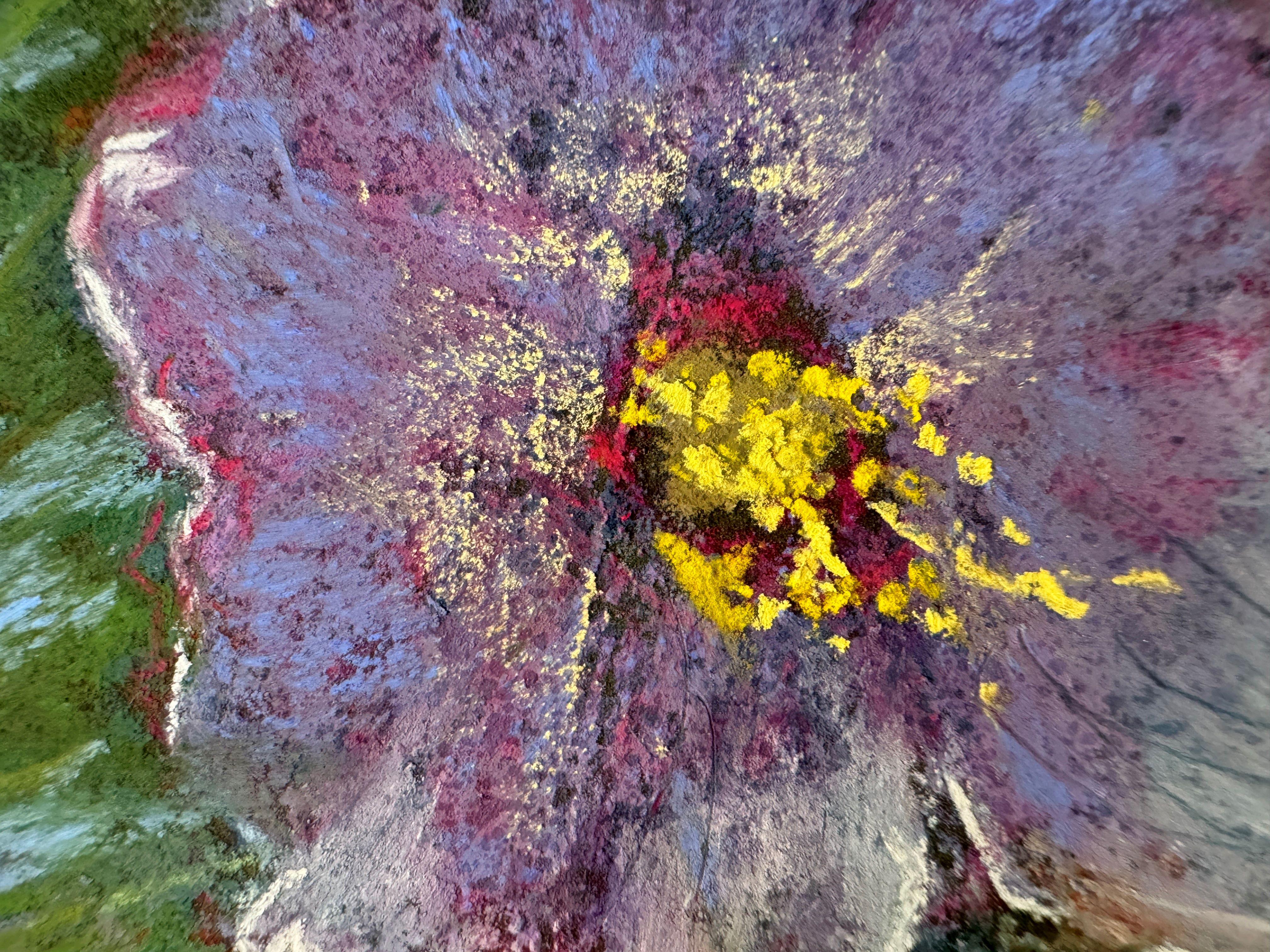 Samedi au parc - Peinture originale de fleurs au pastel - Gris Landscape Painting par Dina Gardner