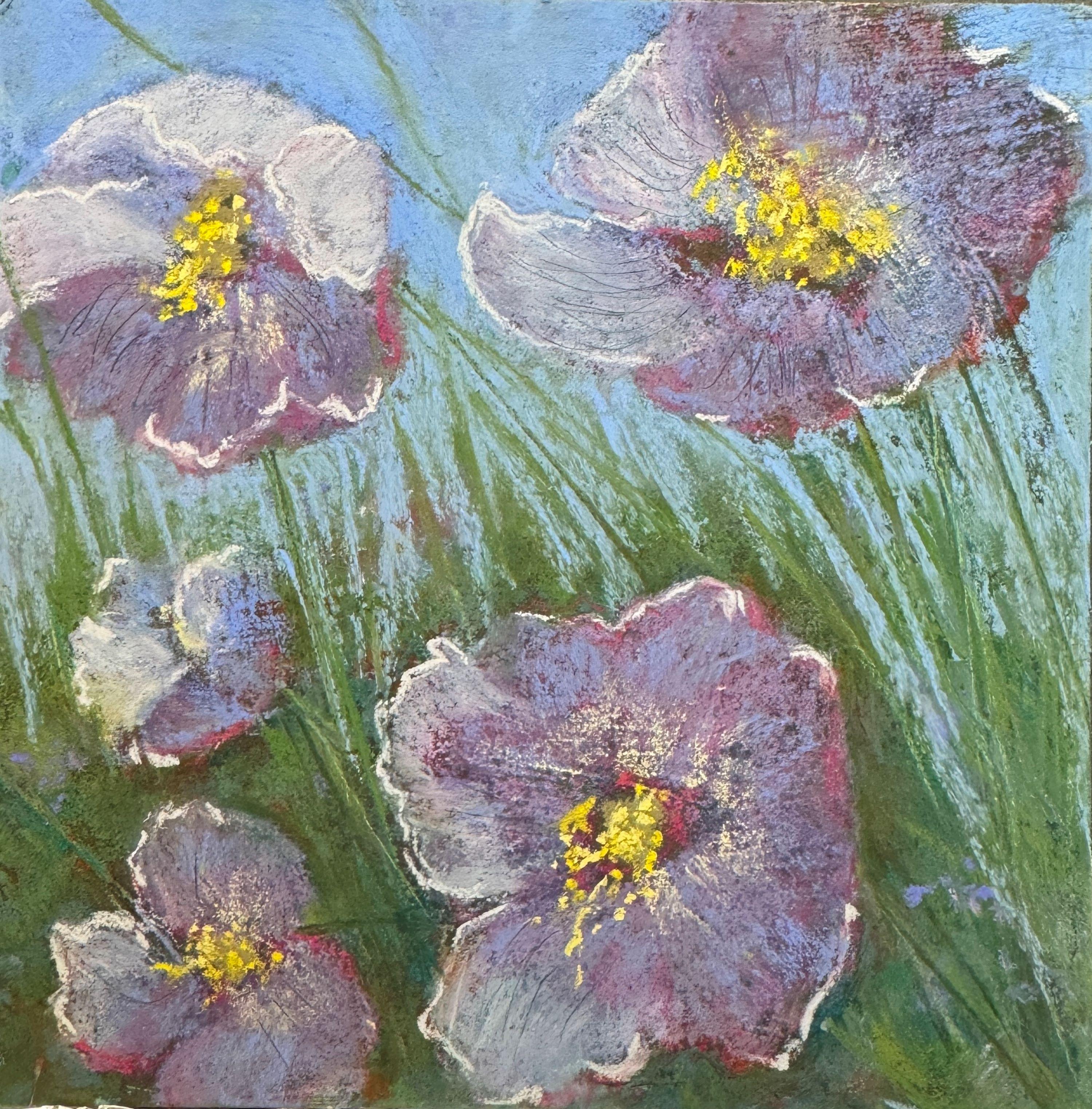 Landscape Painting Dina Gardner - Samedi au parc - Peinture originale de fleurs au pastel