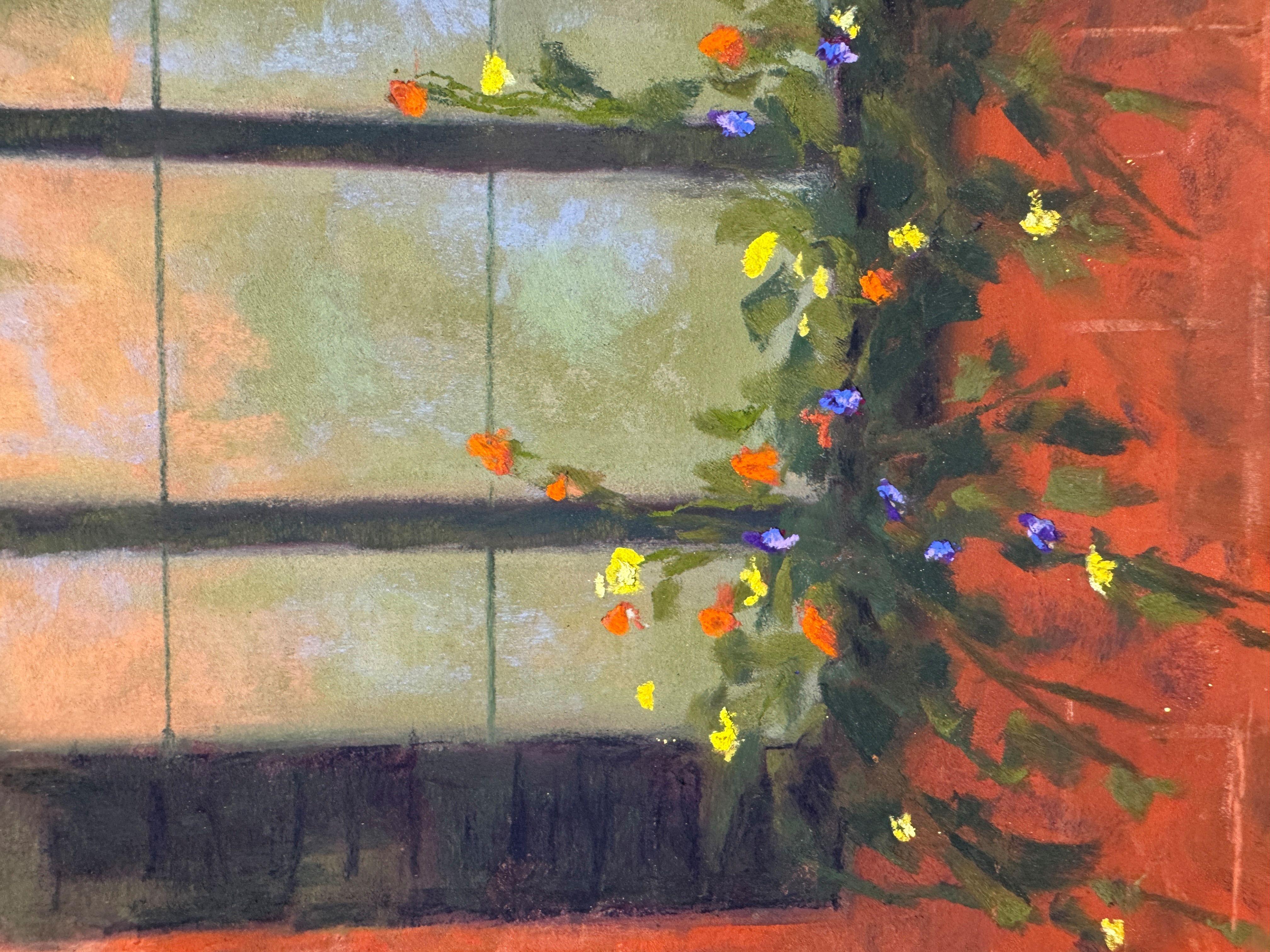 Shadow Play - Pastel Impressionist Boston Window Box Painting im Angebot 1