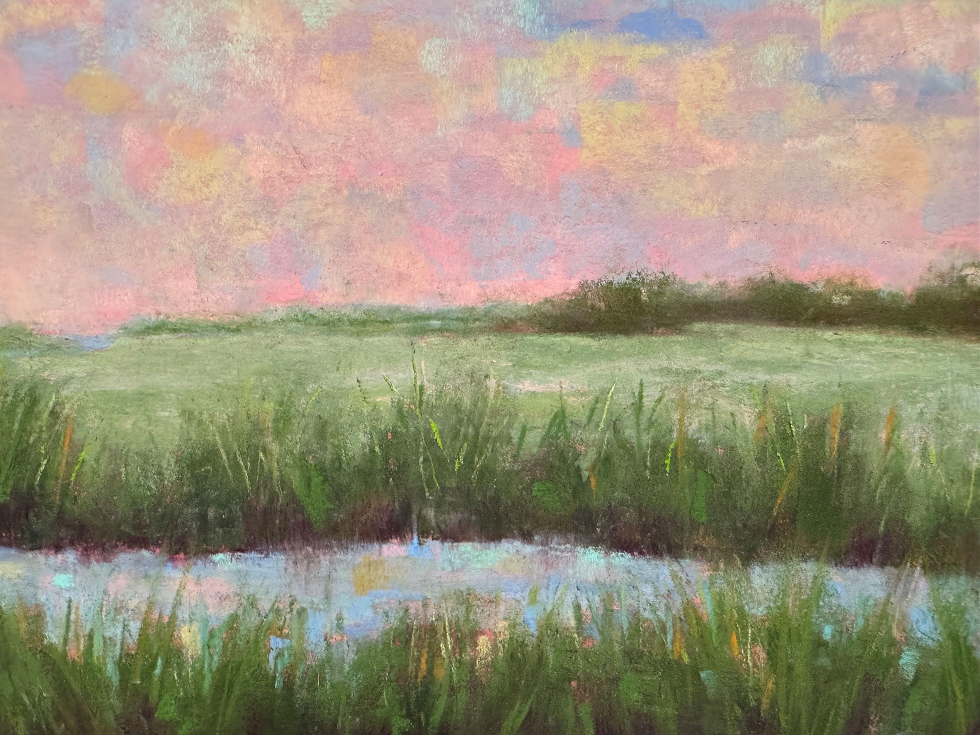 Sky pleine d'âme - Peinture impressionniste originale de paysage de marais au pastel - Painting de Dina Gardner
