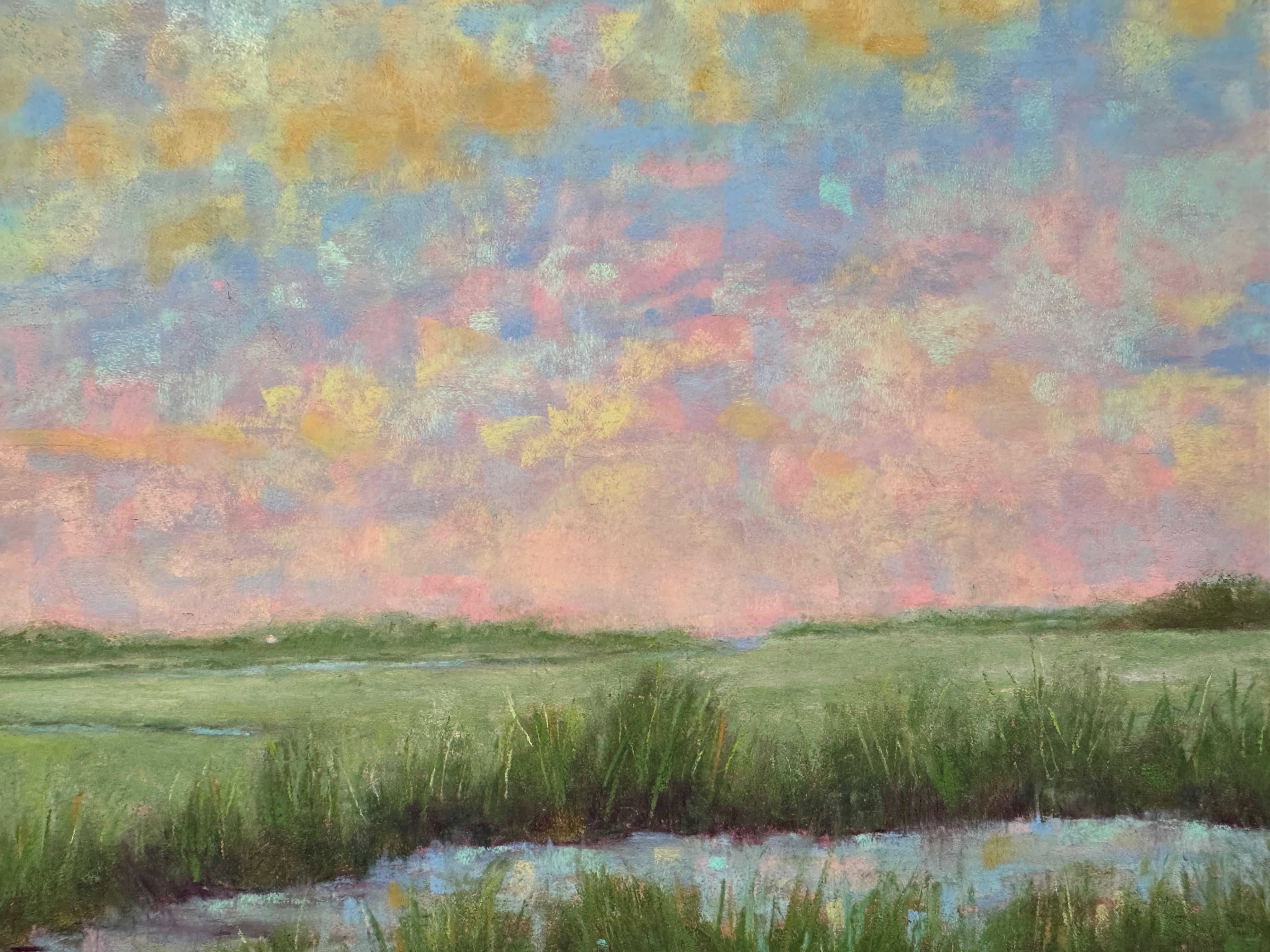 Sky pleine d'âme - Peinture impressionniste originale de paysage de marais au pastel - Beige Landscape Painting par Dina Gardner