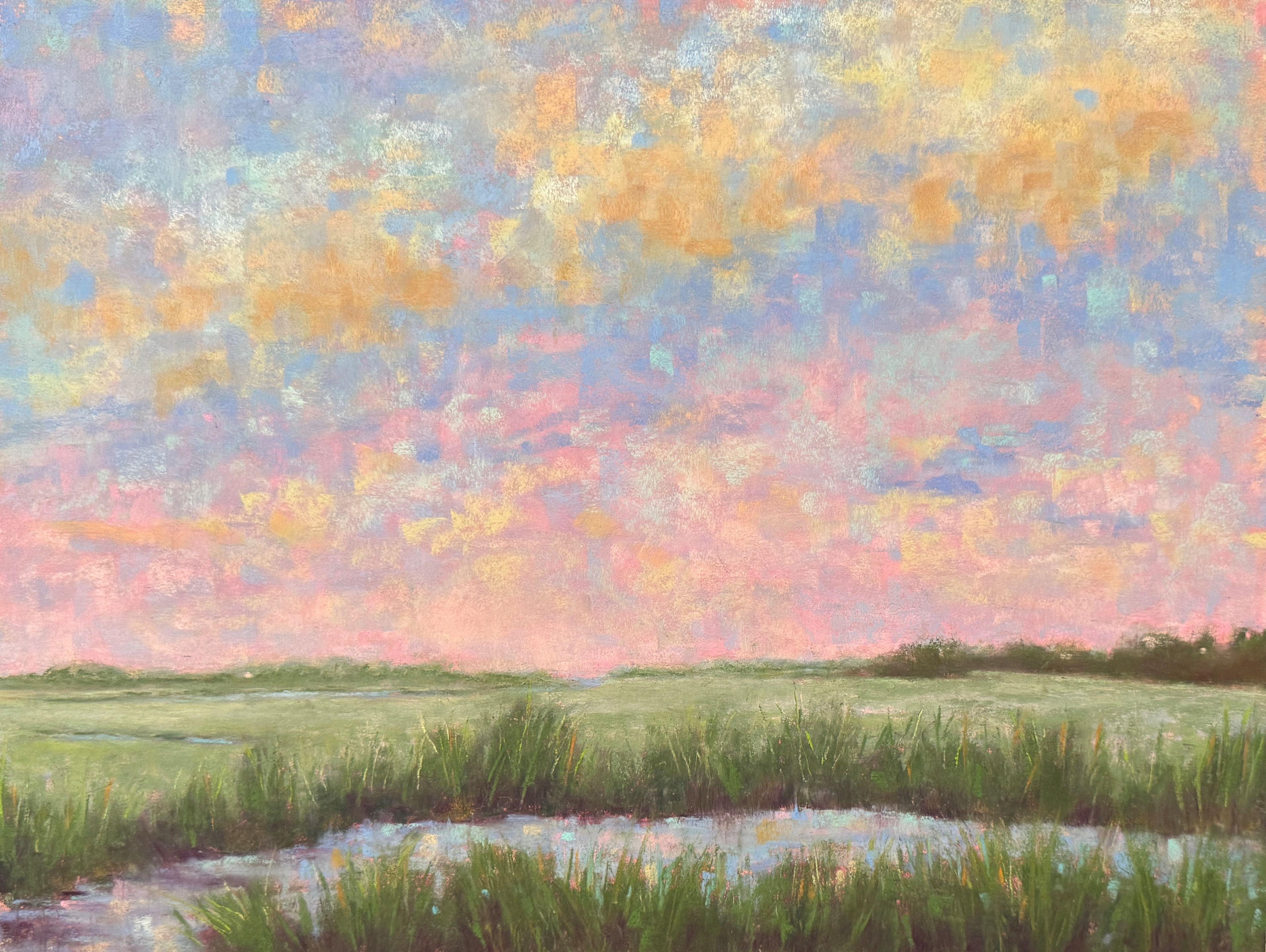Landscape Painting Dina Gardner - Sky pleine d'âme - Peinture impressionniste originale de paysage de marais au pastel