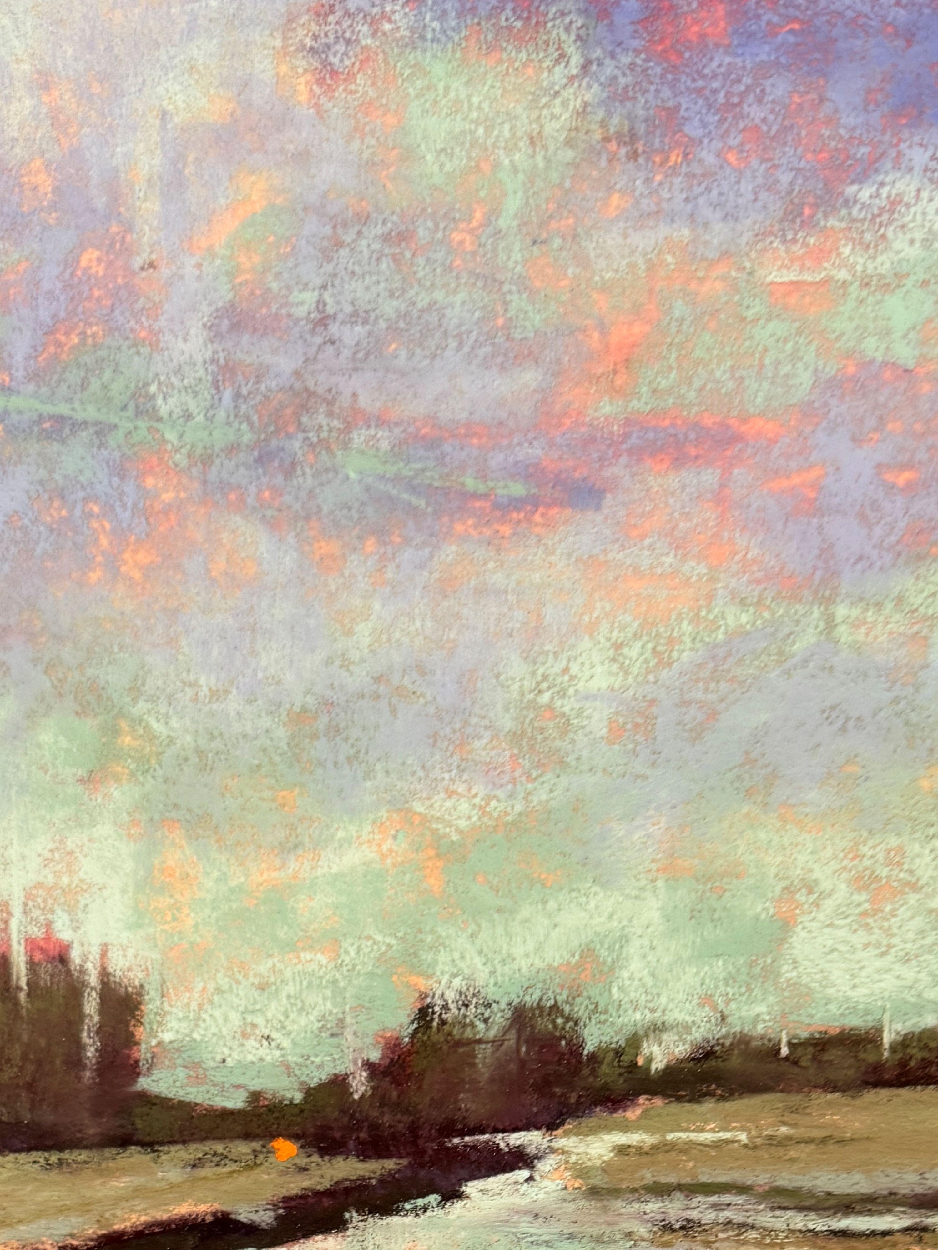 Spring Awakenings - Estuary Marsh Sunsrise Pastel Painting - Gray Landscape Painting by Dina Gardner