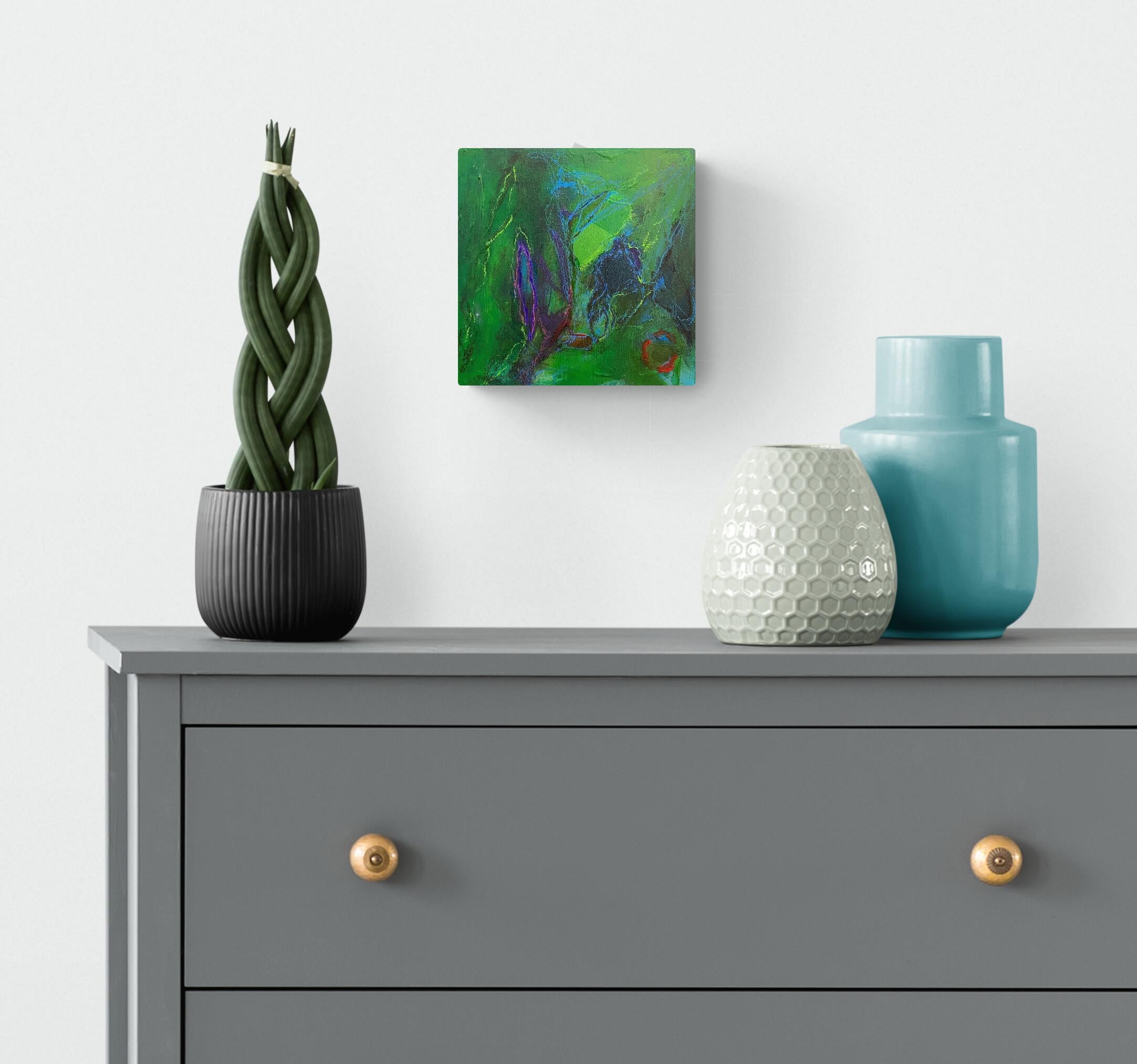Staying Present, Original Contemporary Green Abstract Square Painting on Panel 1