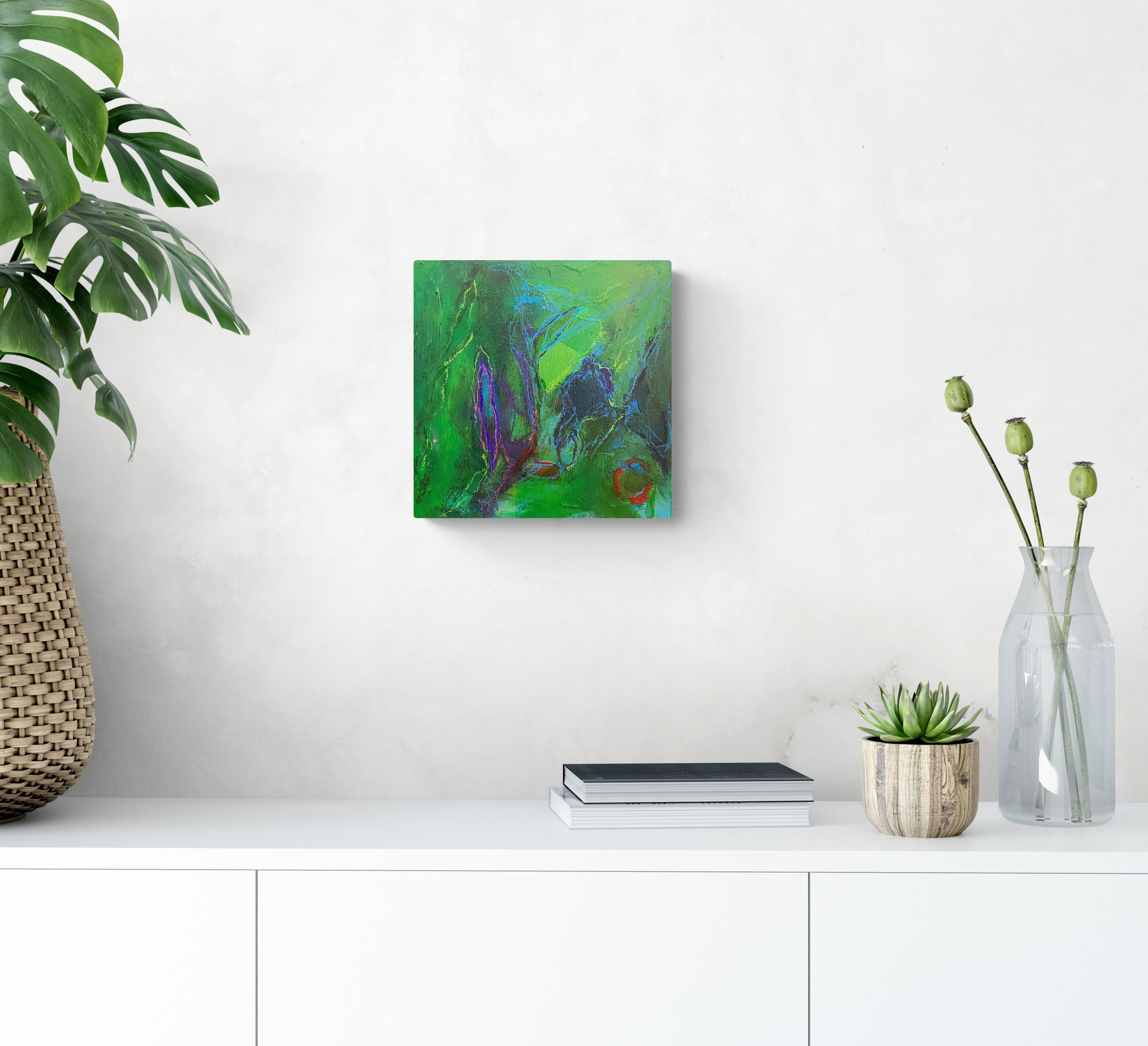 Staying Present, Original Contemporary Green Abstract Square Painting on Panel 2