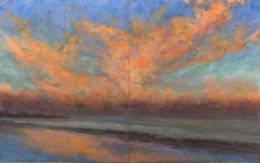 The Evening Chorus - Impressionistisches pastellfarbenes Landschafts- Diptychongemälde