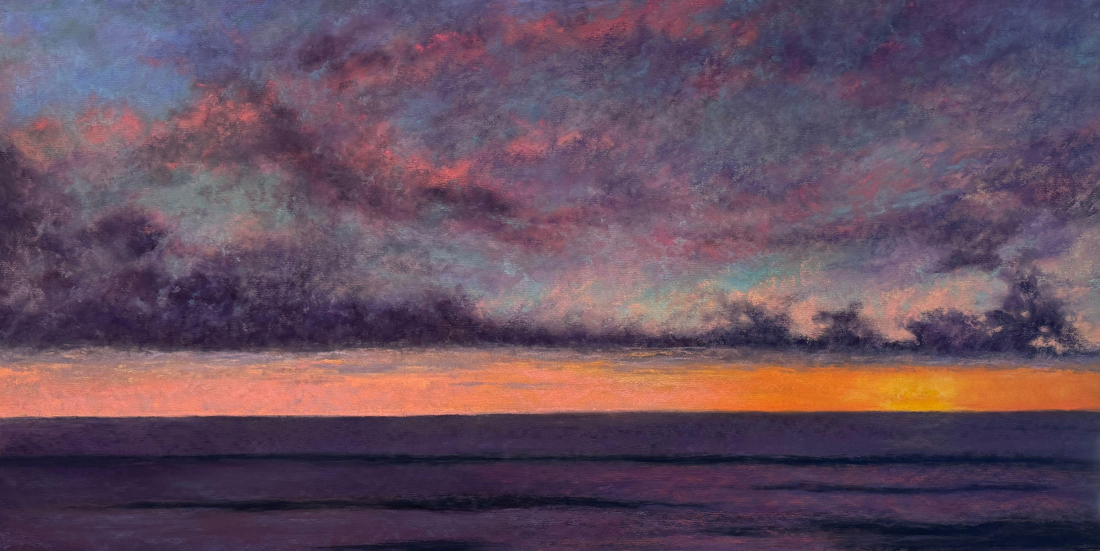 Dina Gardner Landscape Painting – Präsentation des Bildes – Impressionistisches pastellfarbenes Gemälde mit Sonnenuntergang