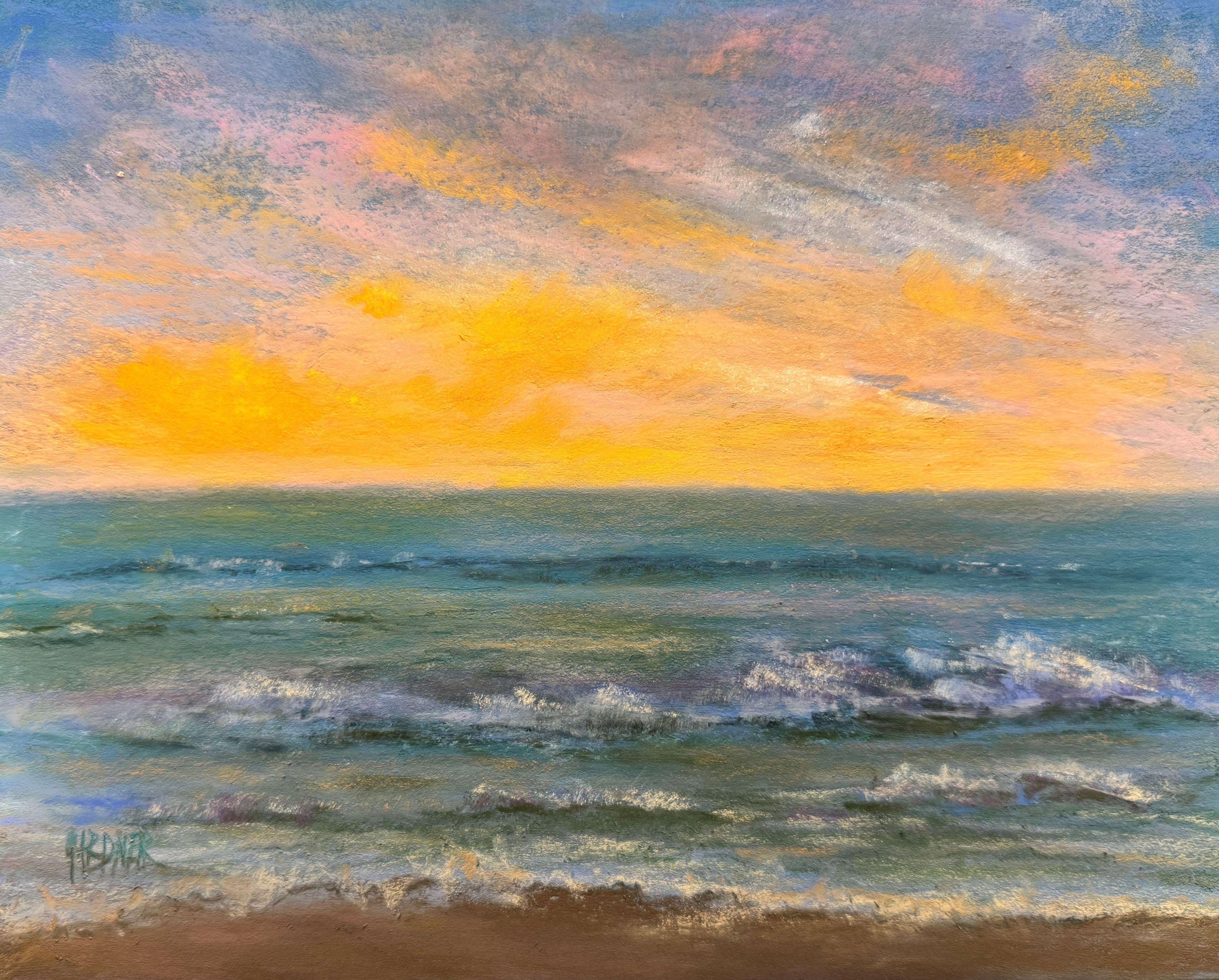 The Sun Went Down Like Honey, Original impressionistisches pastellfarbenes Landschaftsgemälde
