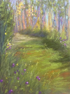 A través del bosque, paisaje original en pastel impresionista contemporáneo firmado