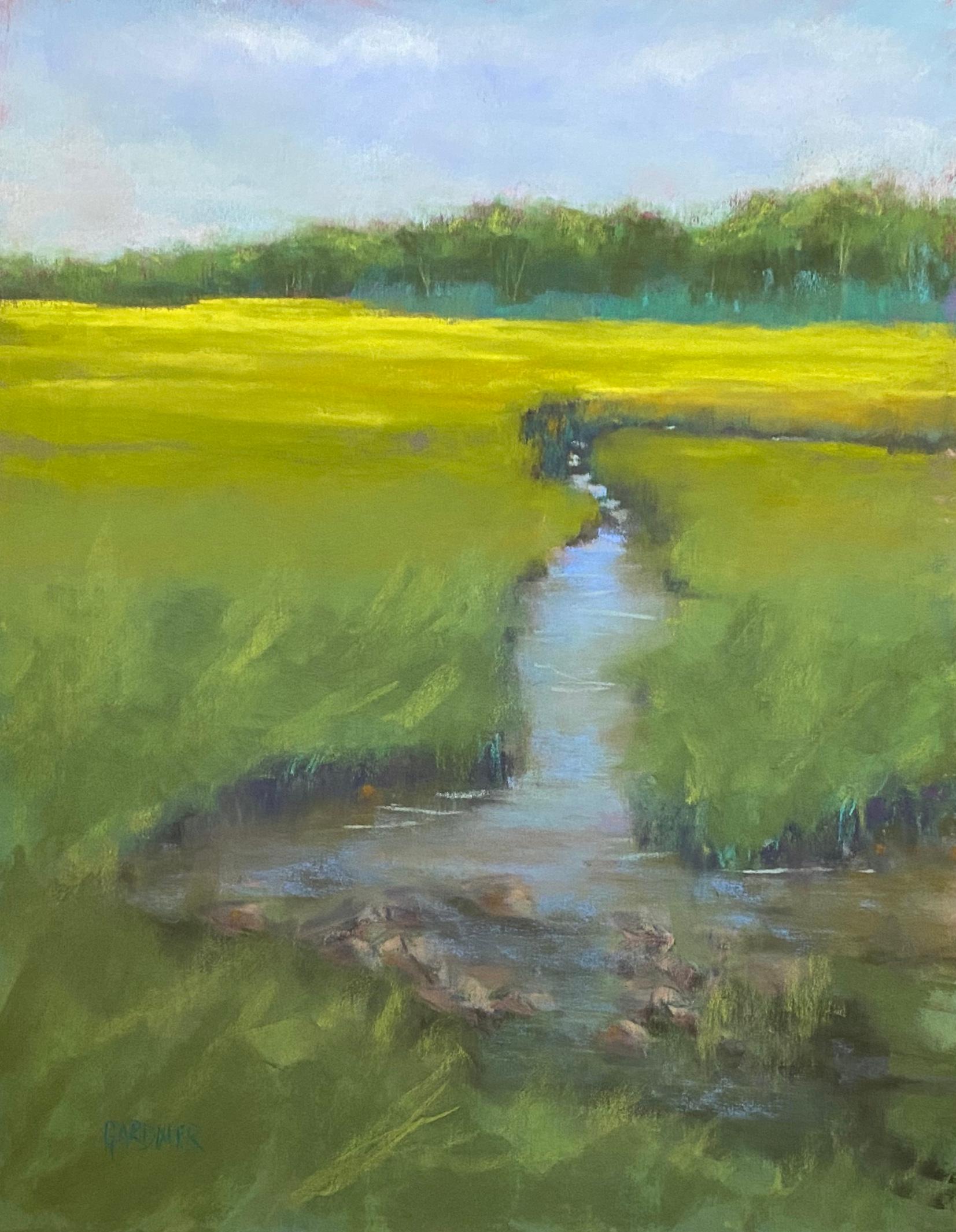 True North, peinture de paysage impressionniste contemporaine originale encadrée au pastel - Painting de Dina Gardner