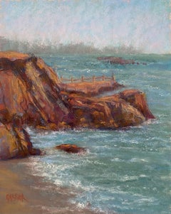 Viewing Spot, Original impressionistisches pastellfarbenes Meereslandschaftsgemälde auf Karton, 2021