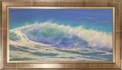Agua tibia, pintura original en pastel sobre papel de un paisaje marino impresionista enmarcada