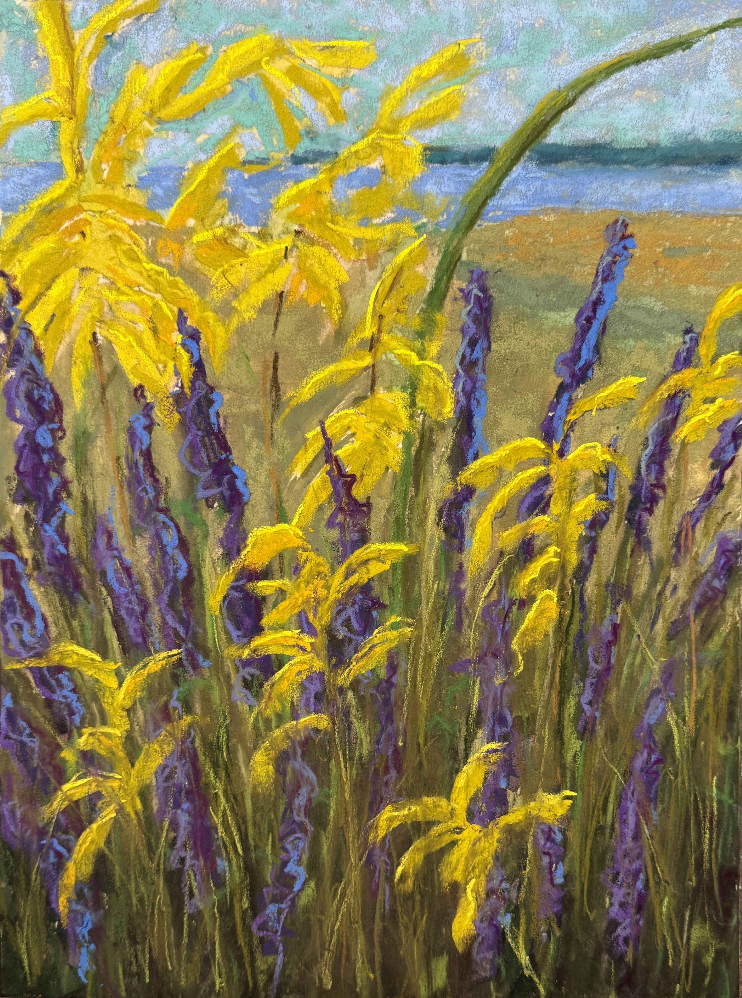 Wildflowers - Yellow + Purple Flower Pastel Landscape Painting