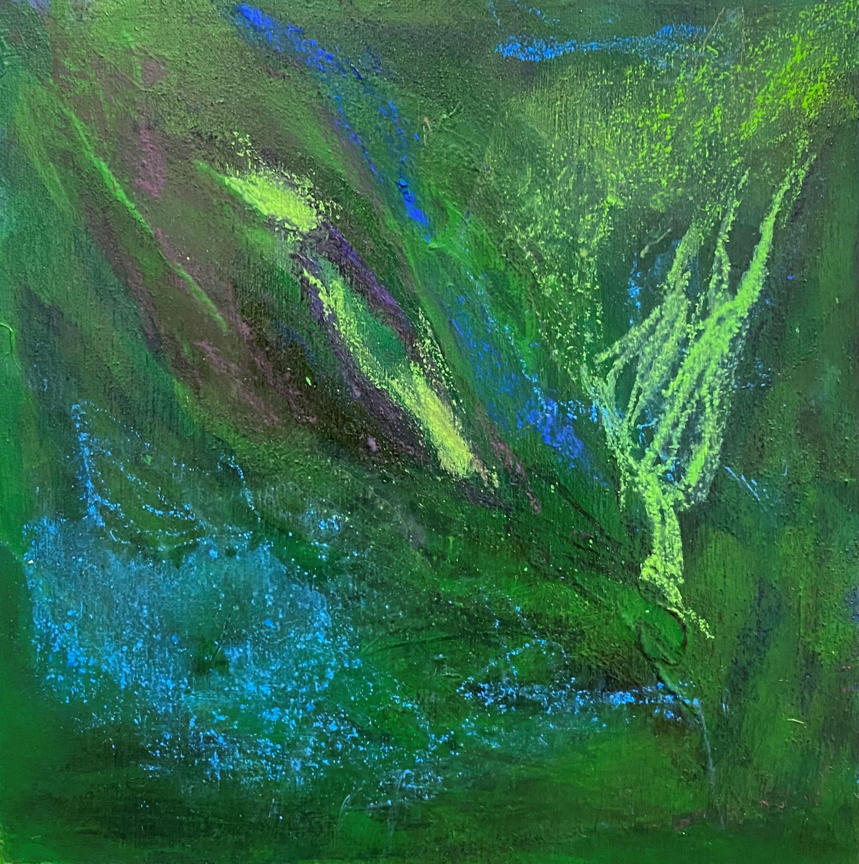 Dina Gardner Abstract Painting - Wings of a Storm, Original Contemporary Green Abstract Square Painting on Panel