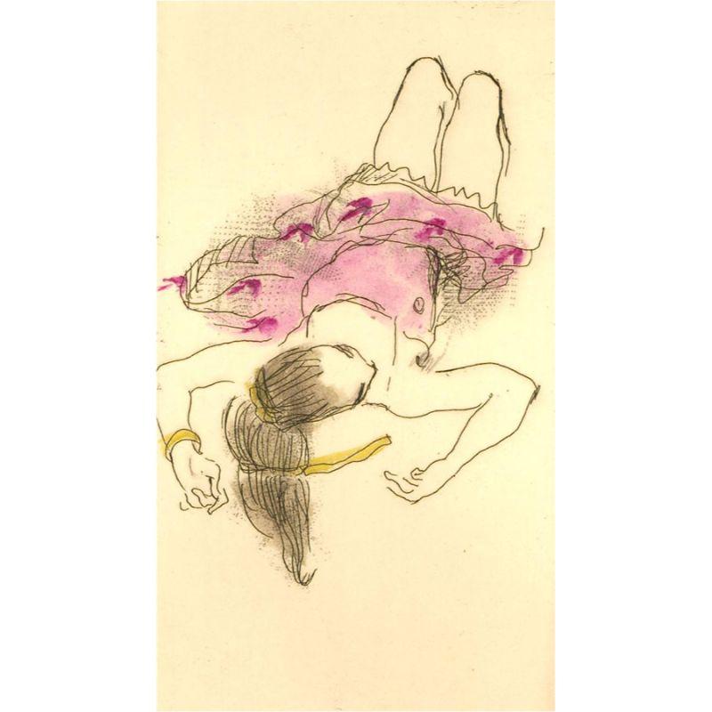 A charming hand coloured lithograph of a young girl lying on the ground in a pink dress. The artist has signed and inscribed to the lower edge along with the print number. On wove.
