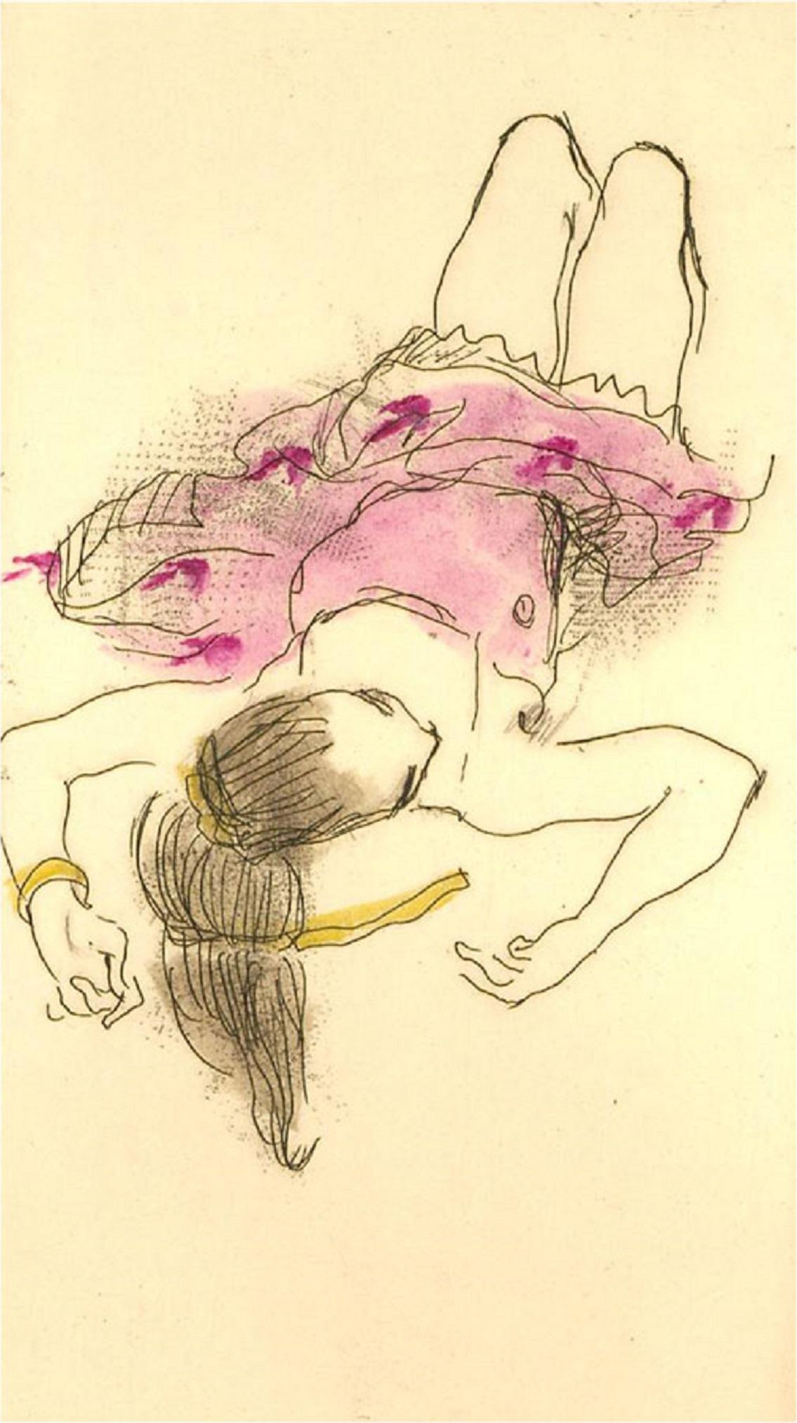 Eine charmante handkolorierte Lithographie eines jungen Mädchens in einem rosa Kleid, das auf dem Boden liegt. Der Künstler hat am unteren Rand signiert und beschriftet sowie die Drucknummer angegeben. Auf wove.
