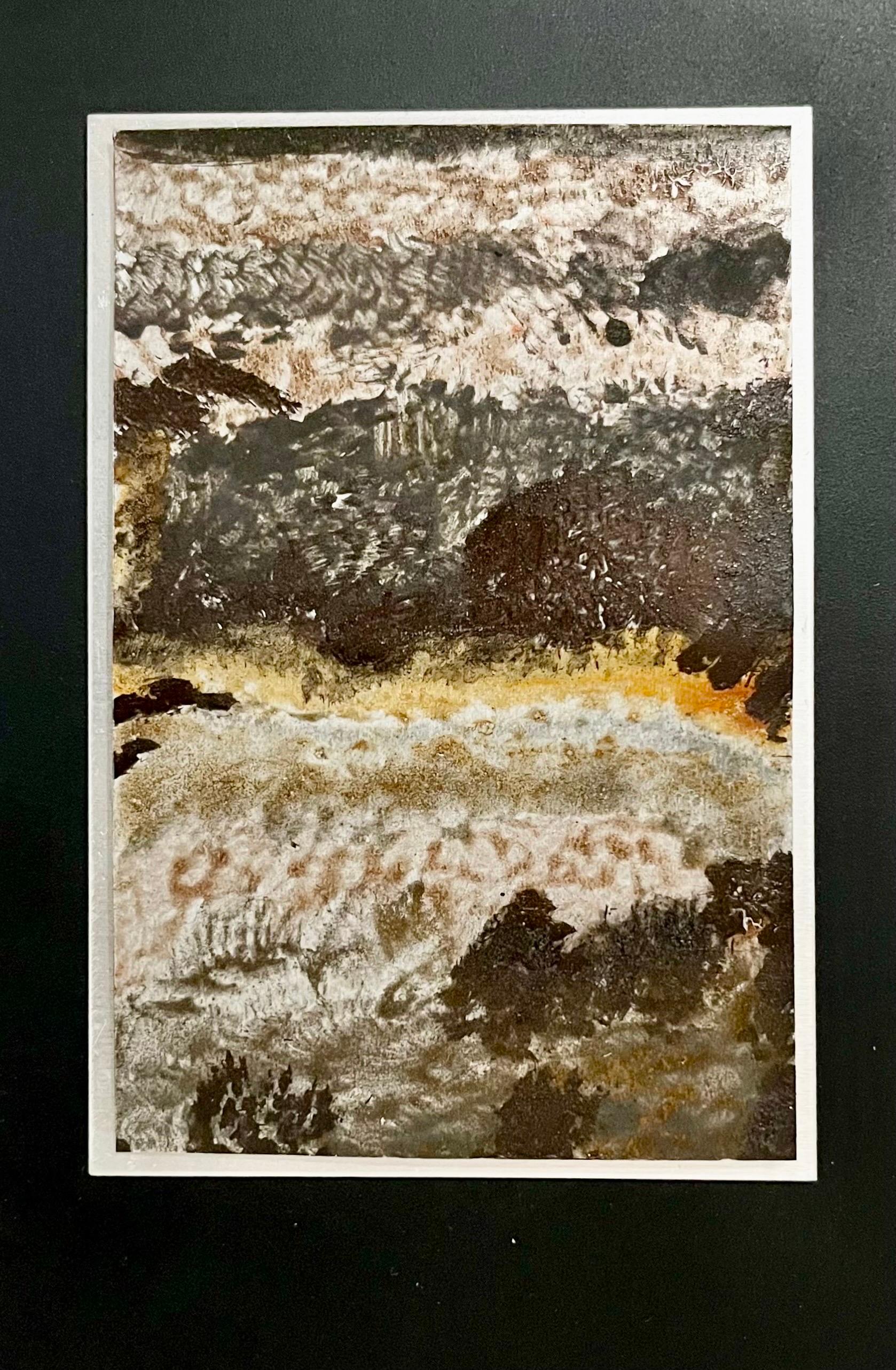 Dina Recanati
Serie Cosmos 
(parecen del espacio exterior o paisajes desérticos abstractos)
2003
Pintura metálica, grabado al ácido sobre aluminio, madera
Firmado a mano y fechado en el lateral




Dina Recanati (nacida Diane Hettena; 1928 - 2021)