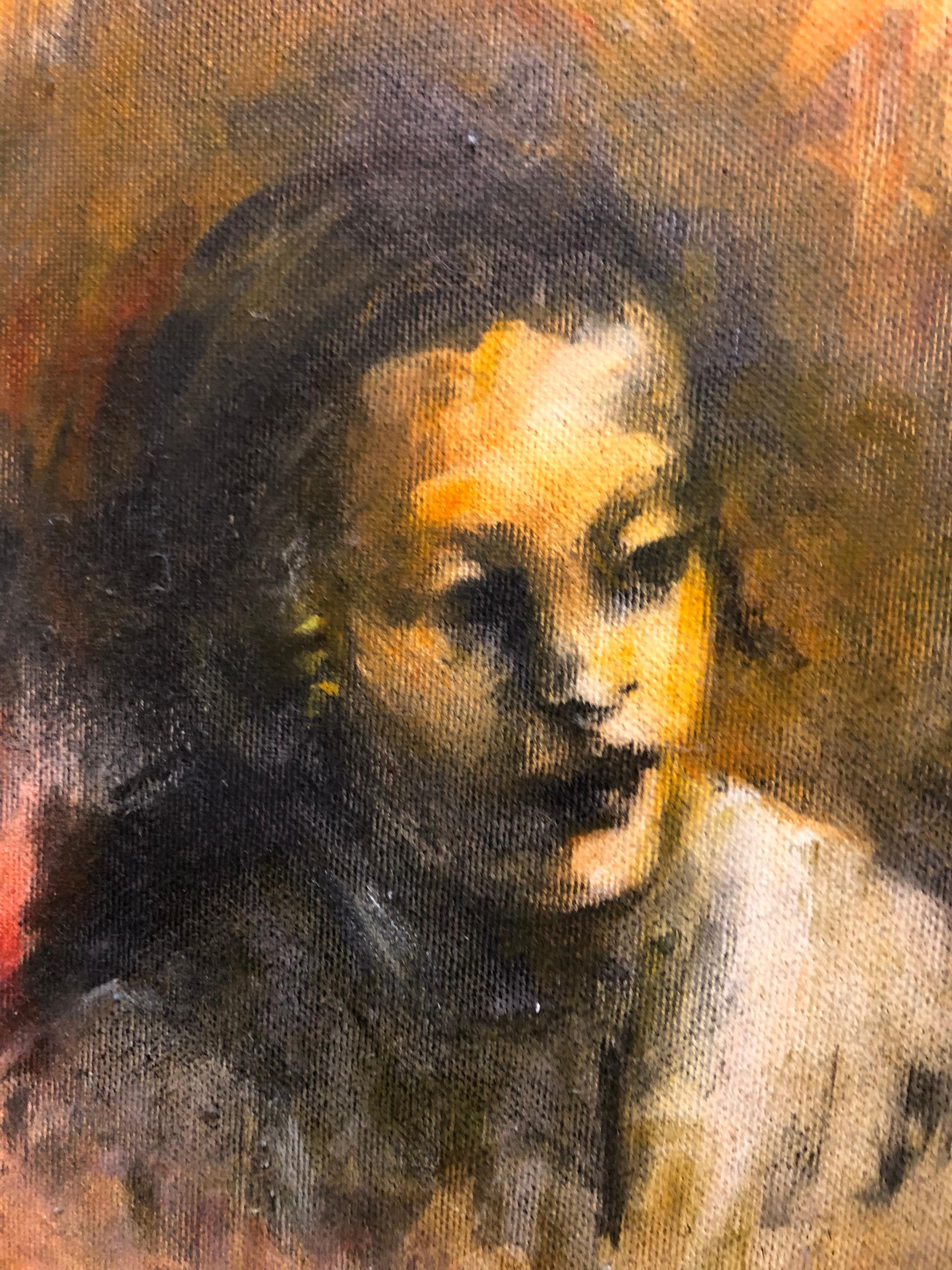 Young Hasidic Boy, Oil Painting Israeli Judaica Jerusalem, Geulah Neighborhood - Brown Portrait Painting by Dina Rosenzweig