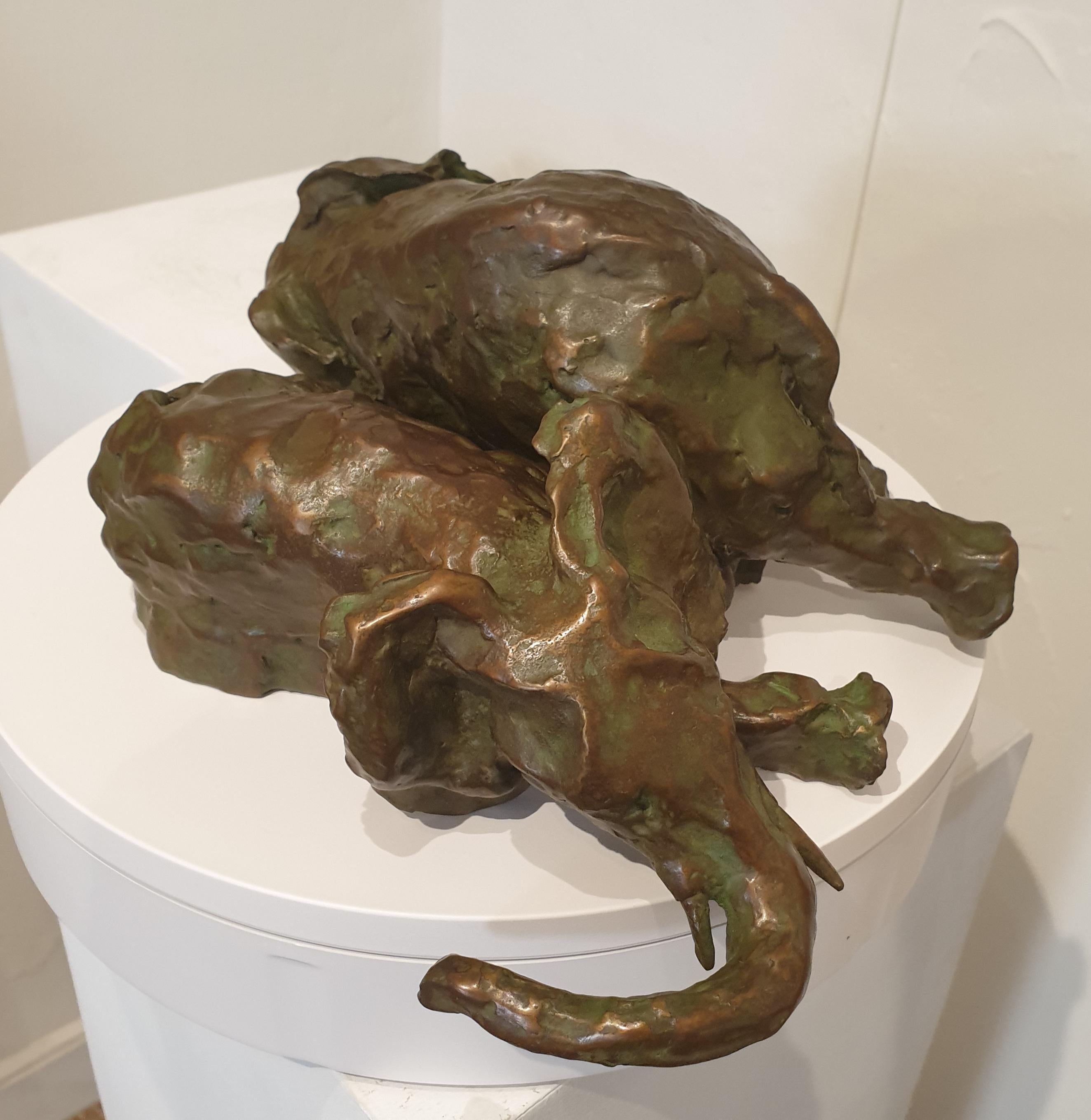 Pareja de elefantes jugando. Escultura de bronce patinado. - Sculpture de Dinah Neill