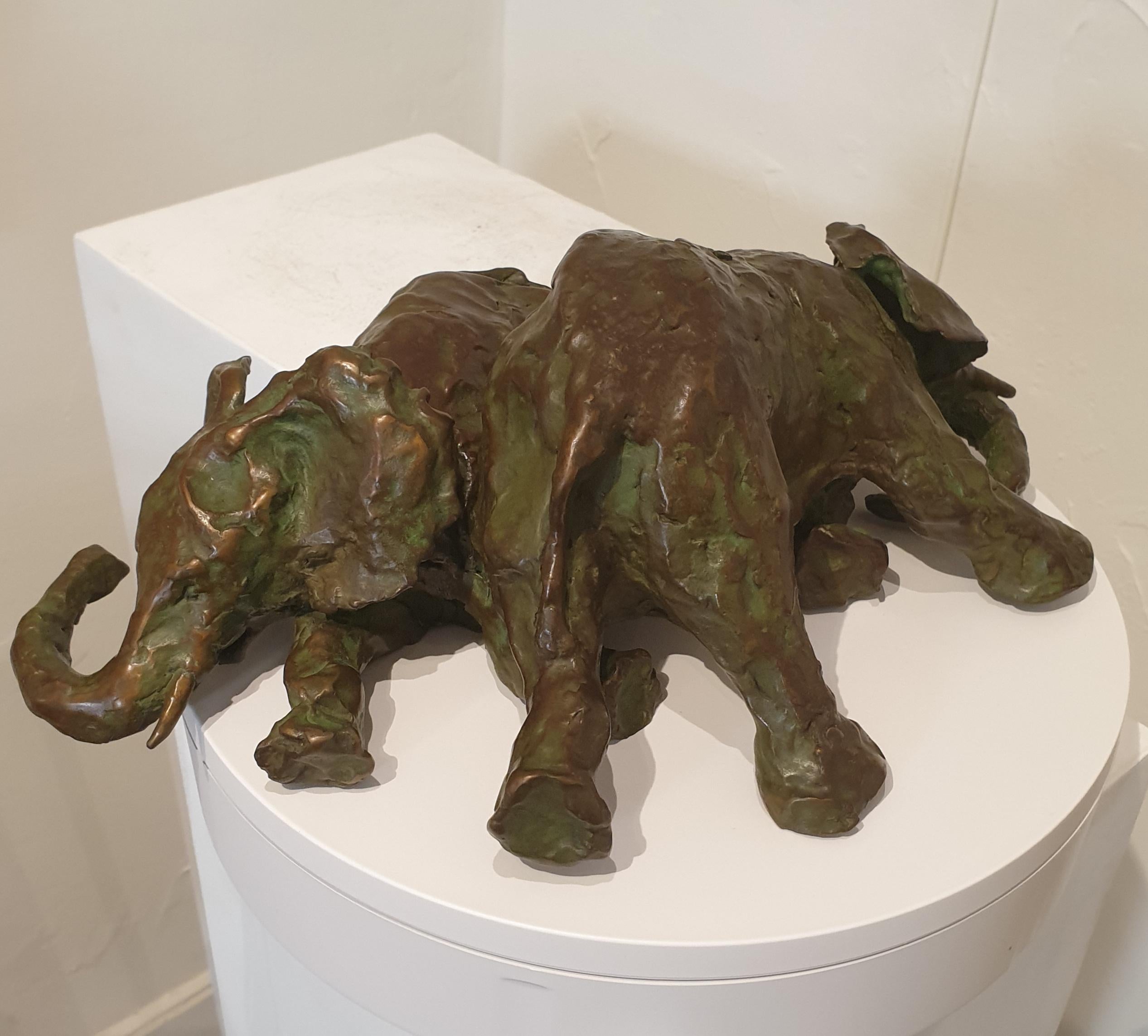  2 de 2 esculturas animales de bronce patinado de una pareja de elefantes africanos jugando, por Dinah Neill, 2022.

Dinah Neill se formó en Bellas Artes y se licenció en la Politécnica de Manchester en 1986. Más recientemente, se licenció en