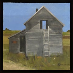 A Ladder to a Crow (weathered barn, ranch life, shadows, grey, blue, orange)