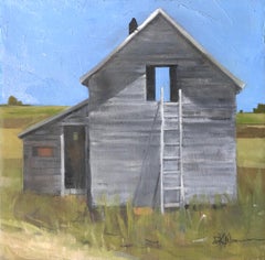 A Ladder to a Crow (weathered barn, ranch life, shadows, grey, blue, orange)