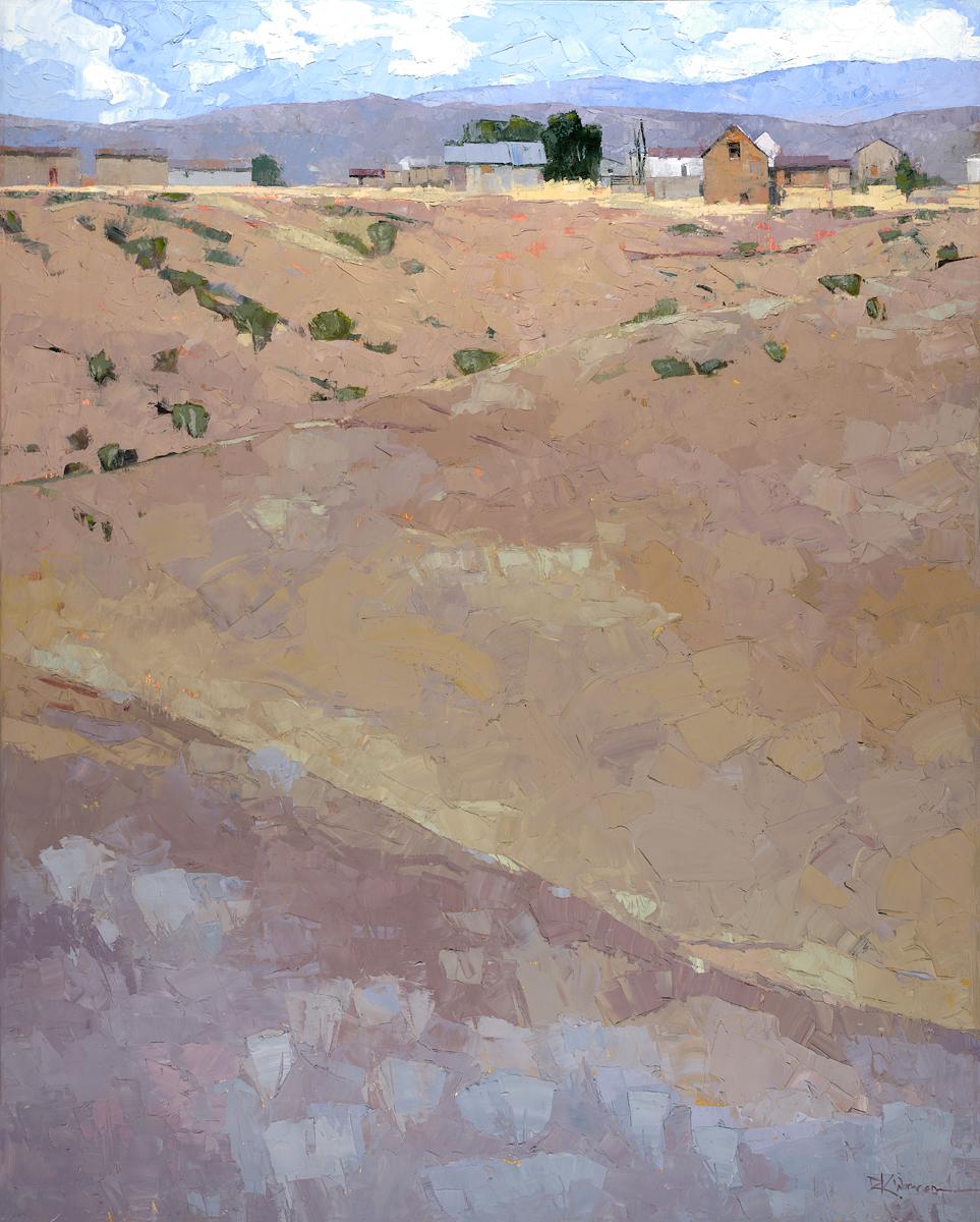 Dinah Worman Landscape Painting - A Late Summer Day (desert landscape, mountains, pastel colors)