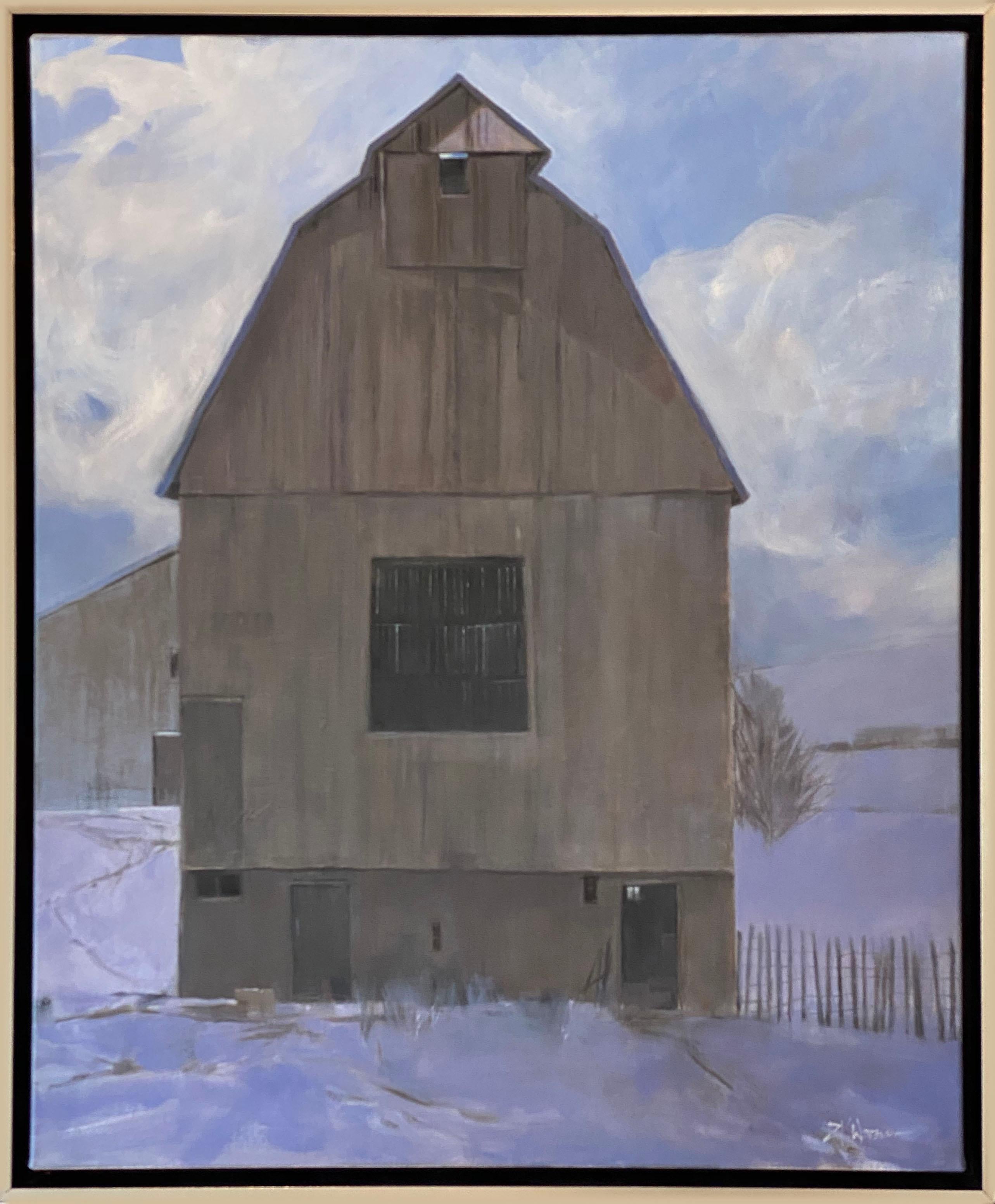 A Quiet Winter (weathered barns, luminous snow, shadows, moody sky, lilac, tan)  - Painting by Dinah Worman