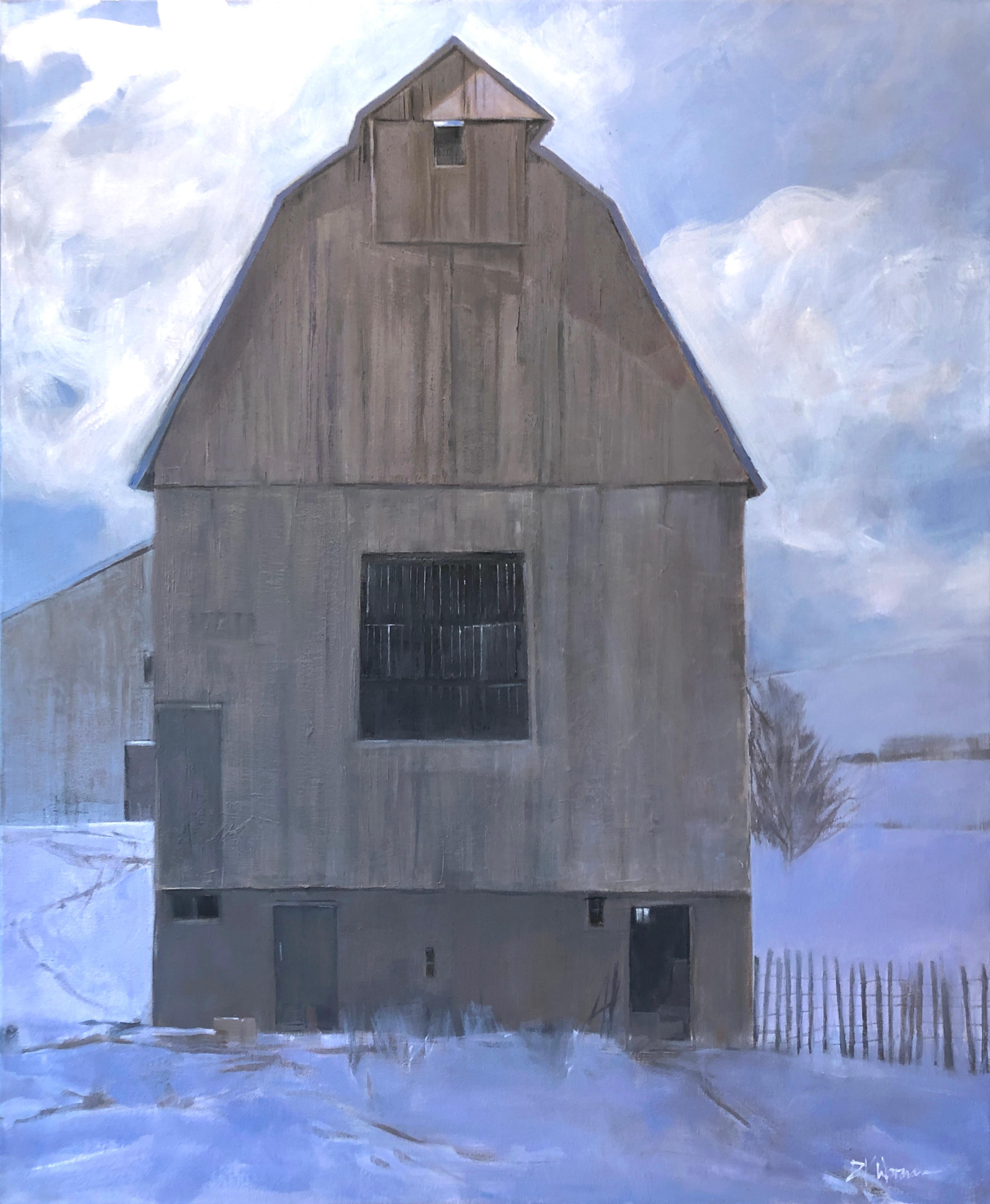 Dinah Worman Landscape Painting - A Quiet Winter (weathered barns, luminous snow, shadows, moody sky, lilac, tan) 