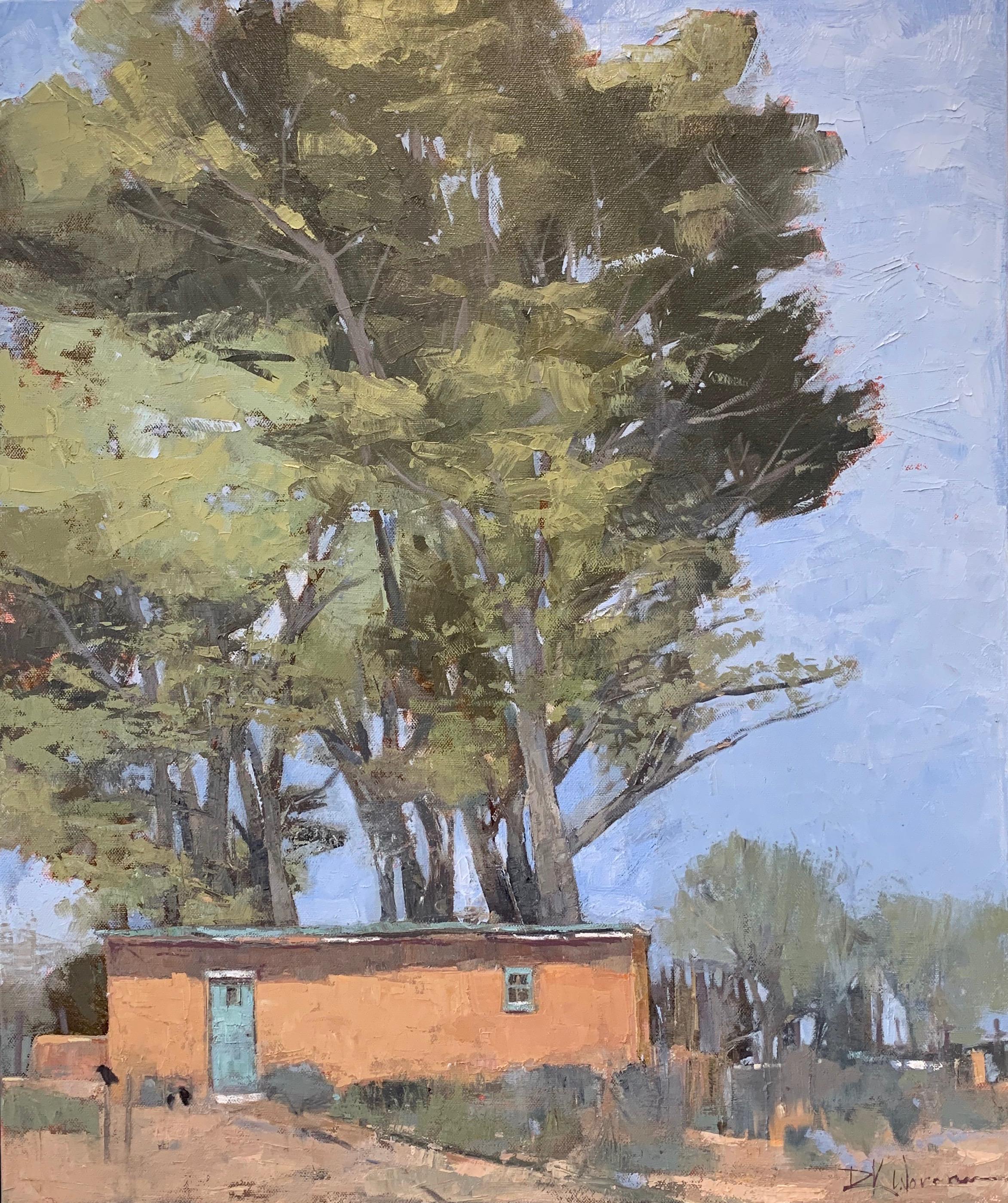 Dinah Worman Landscape Painting - Adobe Shade (desert landscape, trees, Southwest)