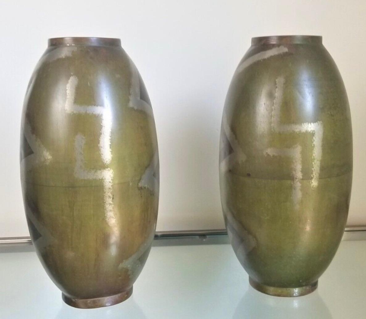 French Dinanderie Art Deco Pair of Vases Series Evolution by Paul Mergier For Sale