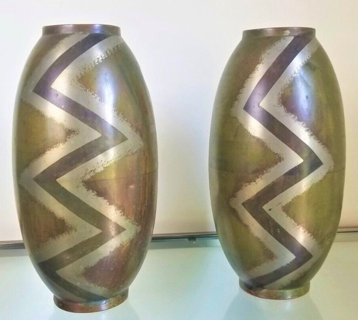 Dinanderie Art Deco Pair of Vases Series Evolution by Paul Mergier In Good Condition For Sale In Oakland, CA