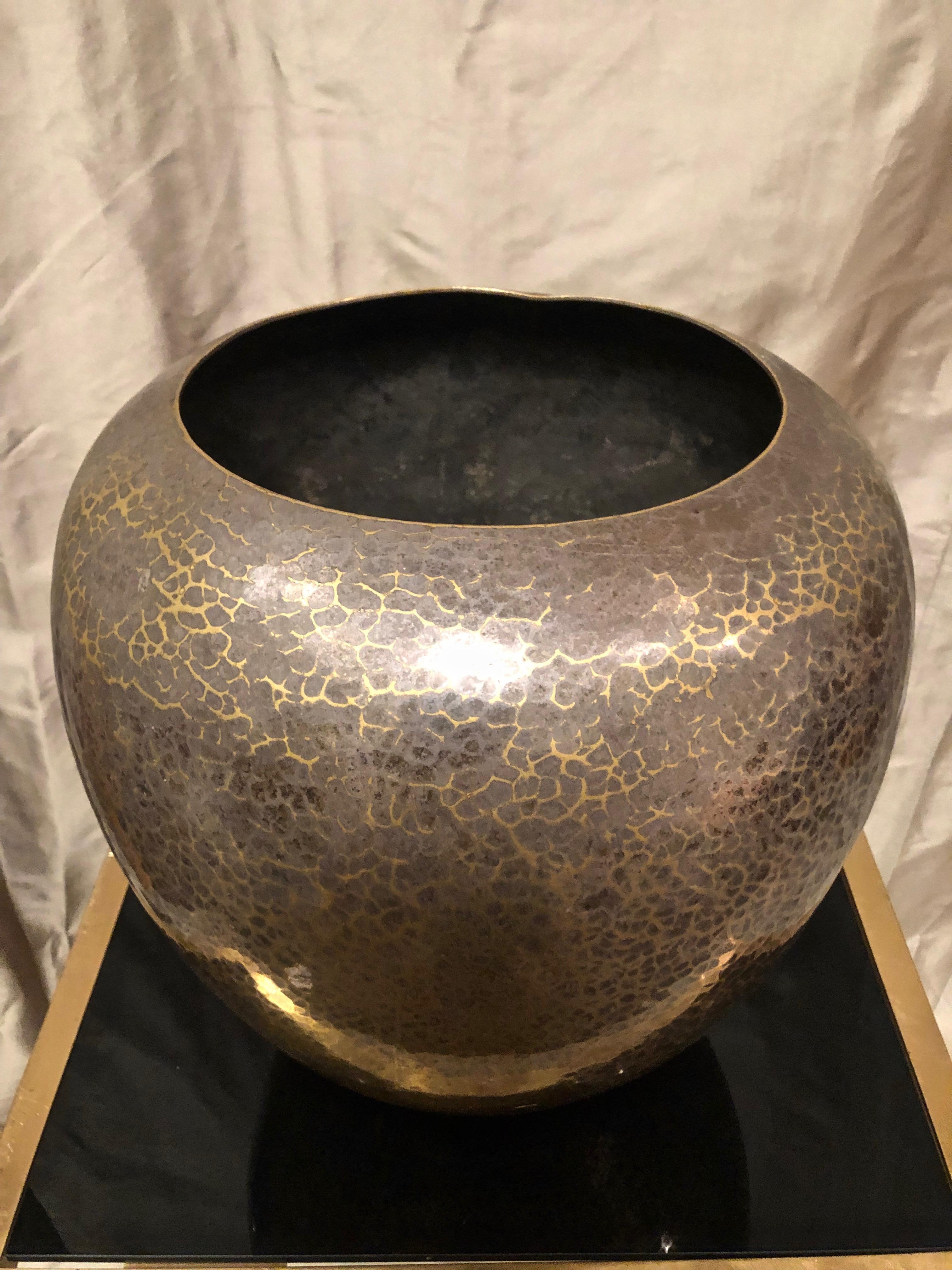Dinanderie Hammered Silver and Brass Vase / Cachepot by Christofle, France 1