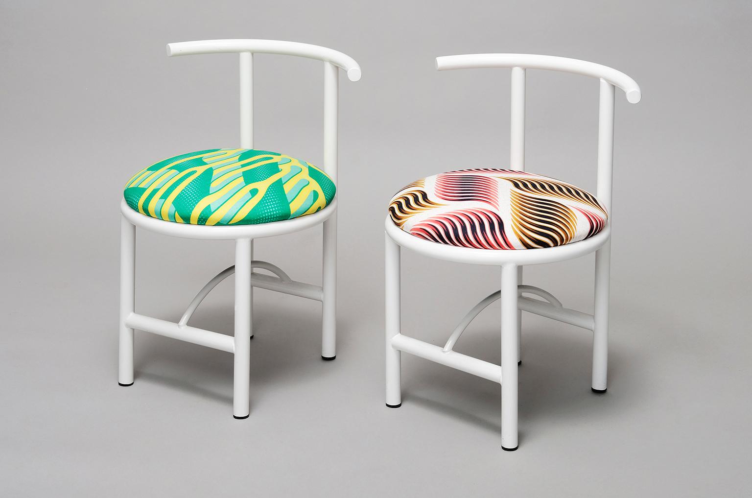 CANTINA by Clemence Seilles.

Cantina is an interpretation of the popular restaurant and diner chairs. Its metal curves with a colorful pattern seat in textile make it ideal for daily use.

Designer: Clemence Seilles 
Materials: Metal,
