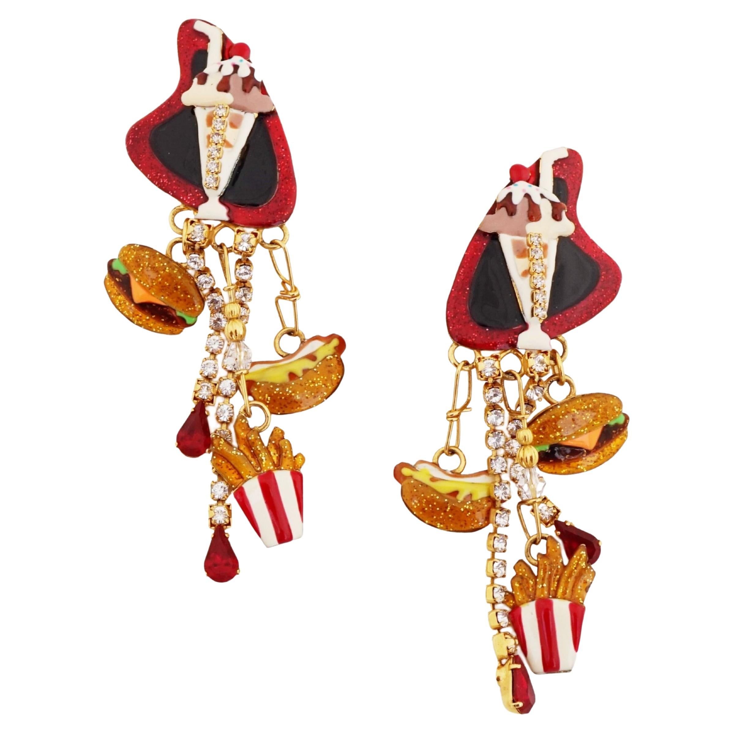 Diner Themed Enamel Dangle Statement Earrings By Lunch At The Ritz, 1980s For Sale