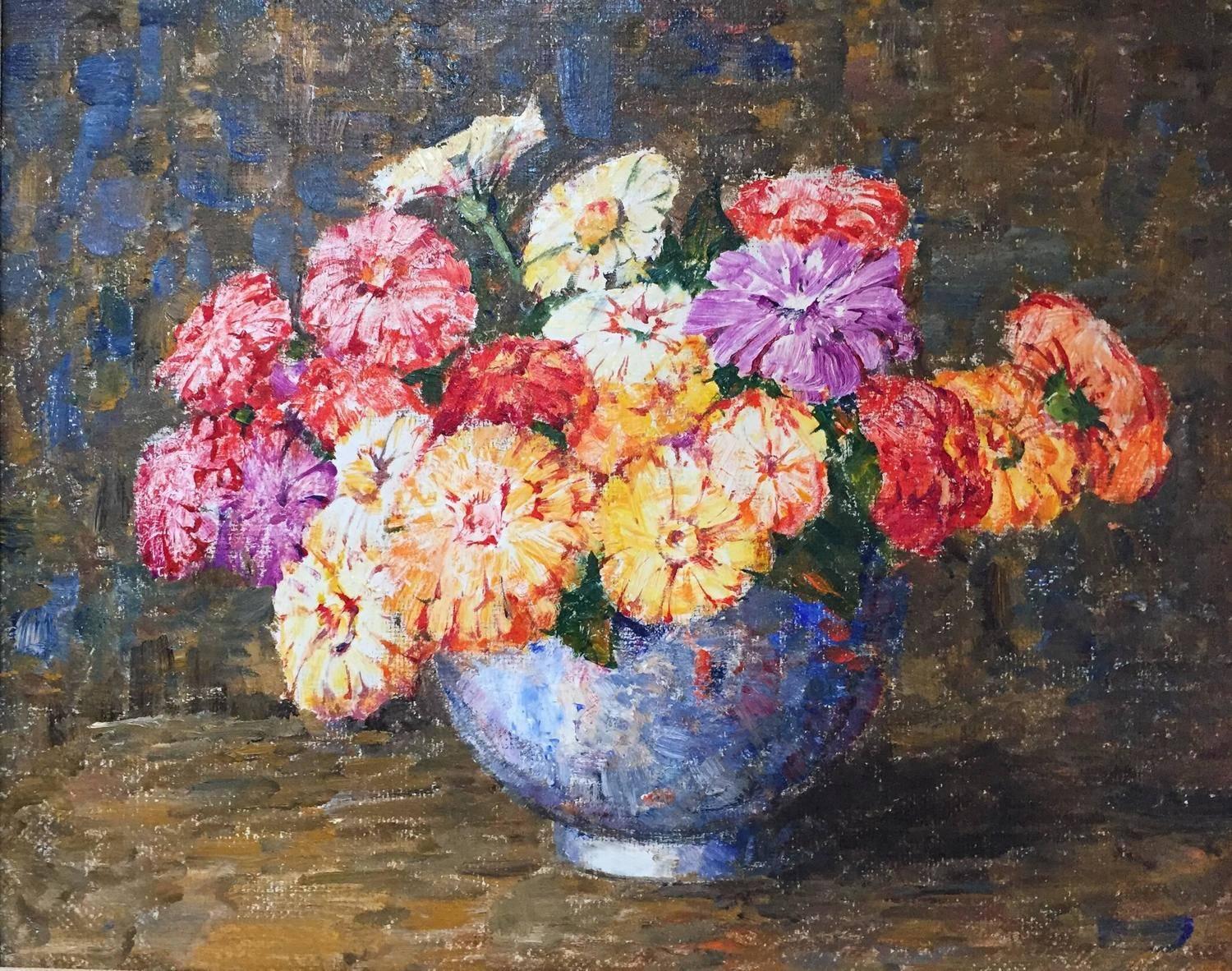 Dines Carlsen Still-Life Painting - "Zinnias in a Blue Vase"