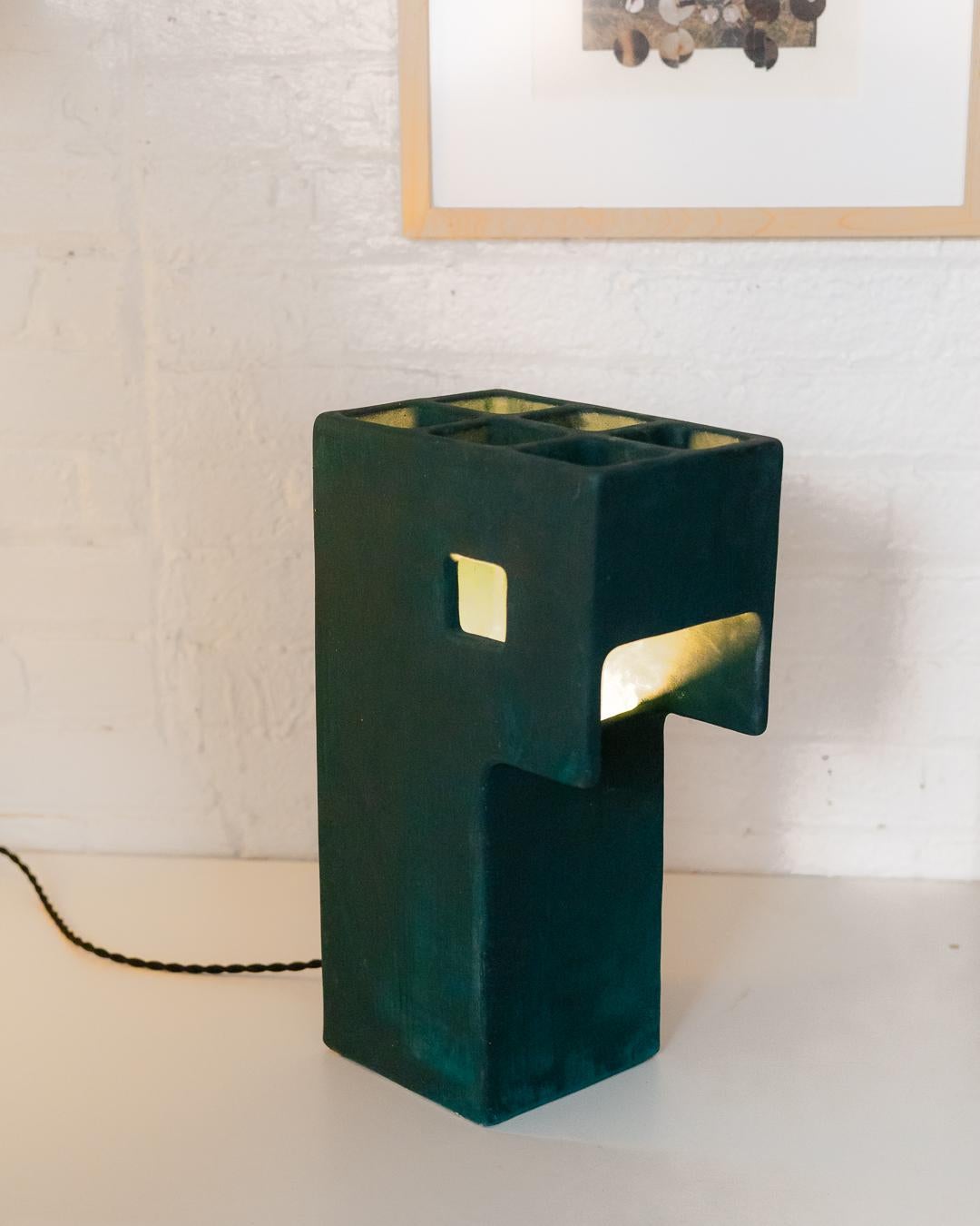 Ding Dong Table Lamp by Luft Tanaka, ceramic, dark green, brutalist, geometric For Sale 2