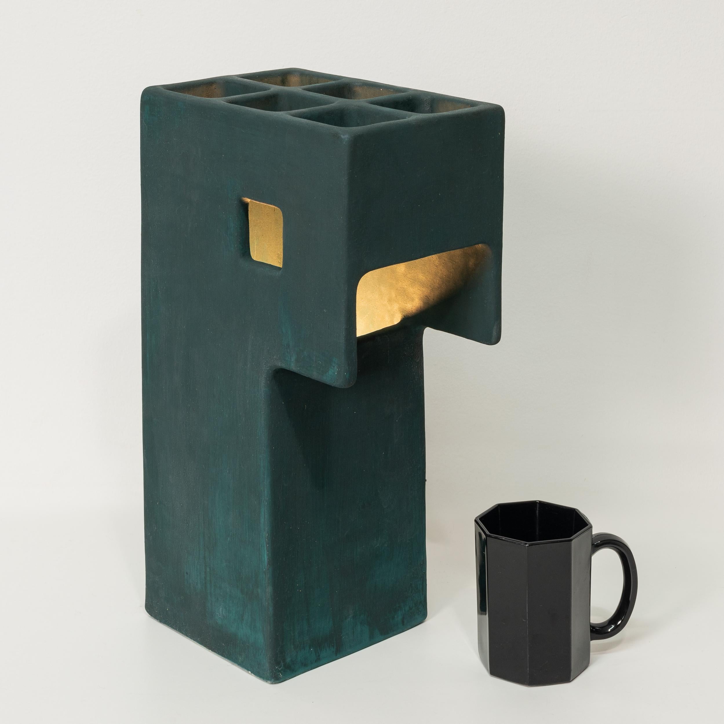 American Ding Dong Table Lamp by Luft Tanaka, ceramic, dark green, brutalist, geometric For Sale