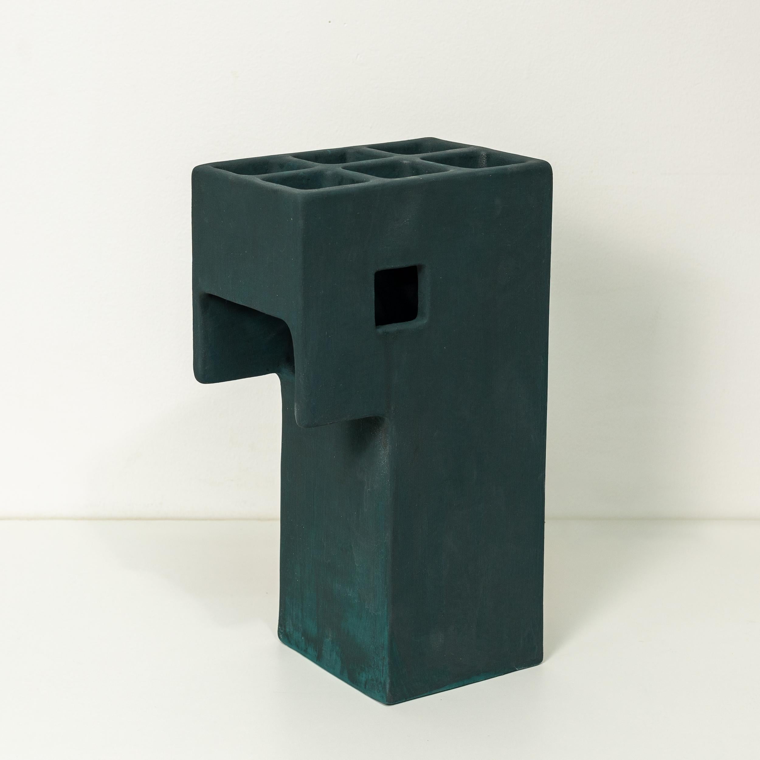Hand-Crafted Ding Dong Table Lamp by Luft Tanaka, ceramic, dark green, brutalist, geometric For Sale