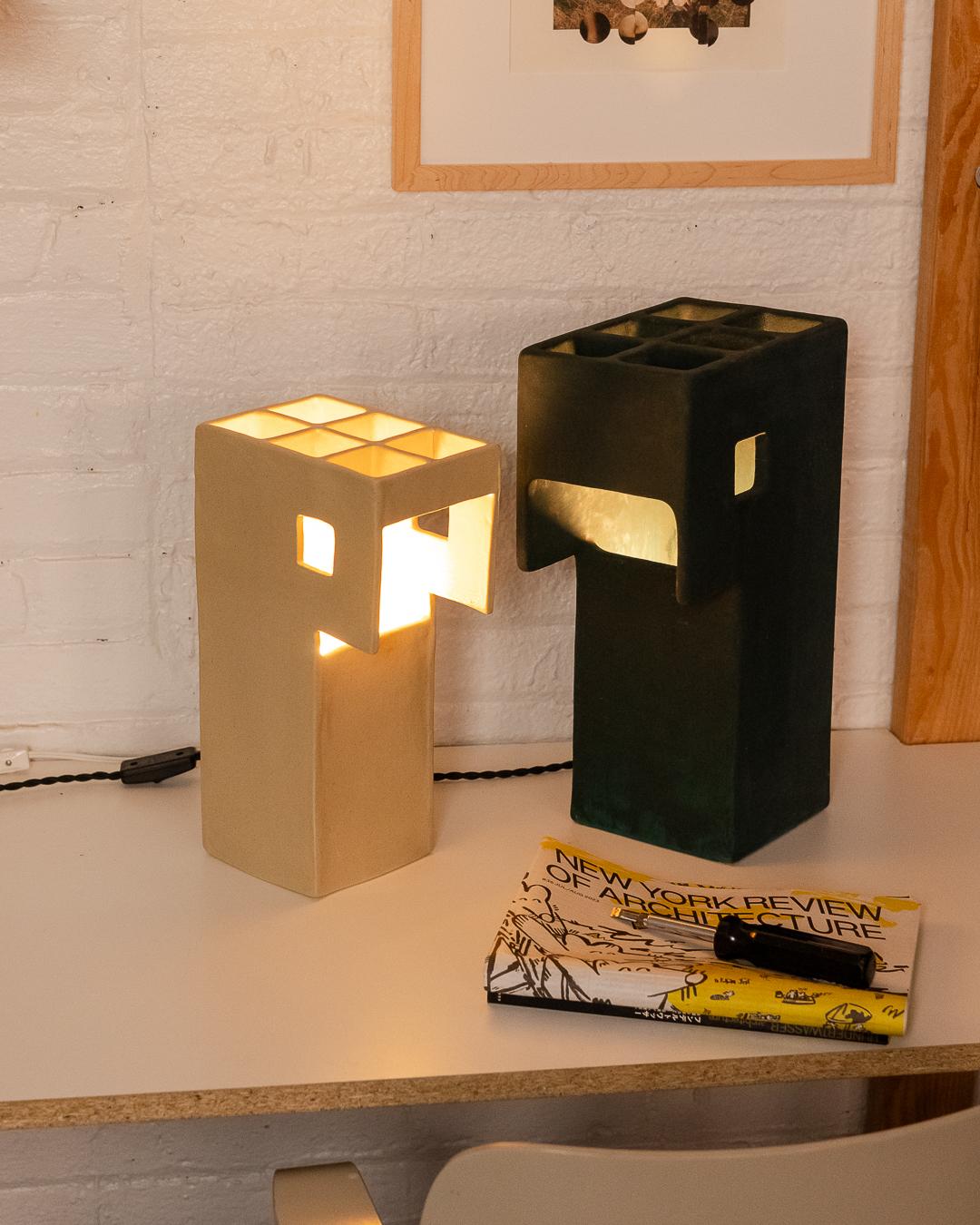 Contemporary Ding Dong Table Lamp by Luft Tanaka, ceramic, dark green, brutalist, geometric For Sale