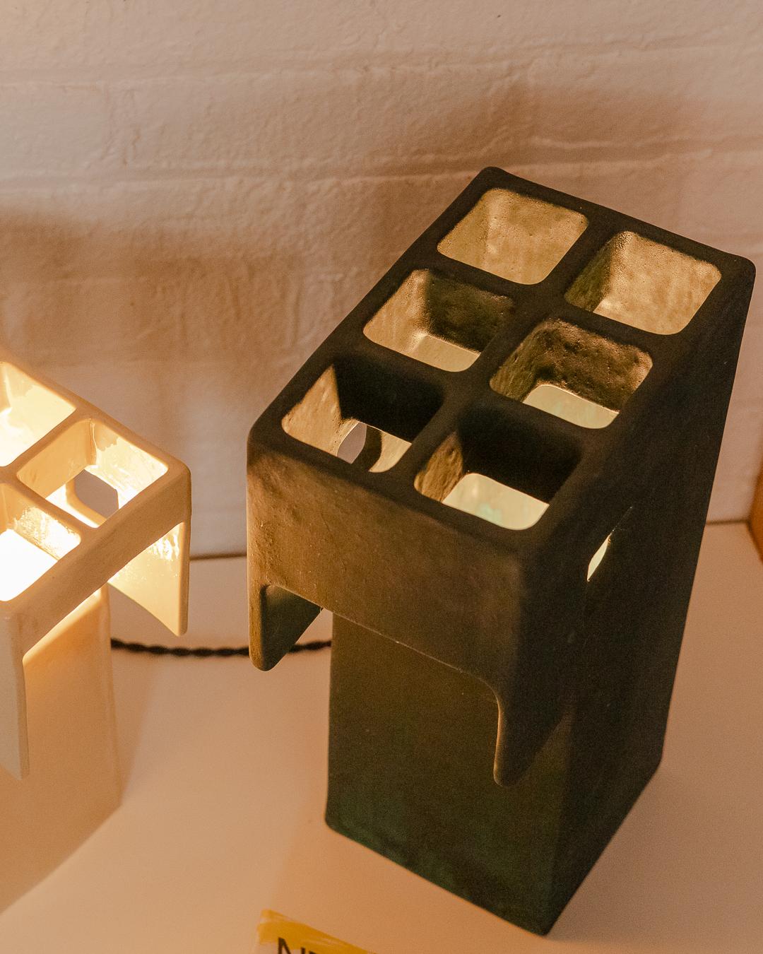 Ceramic Ding Dong Table Lamp by Luft Tanaka, ceramic, dark green, brutalist, geometric For Sale
