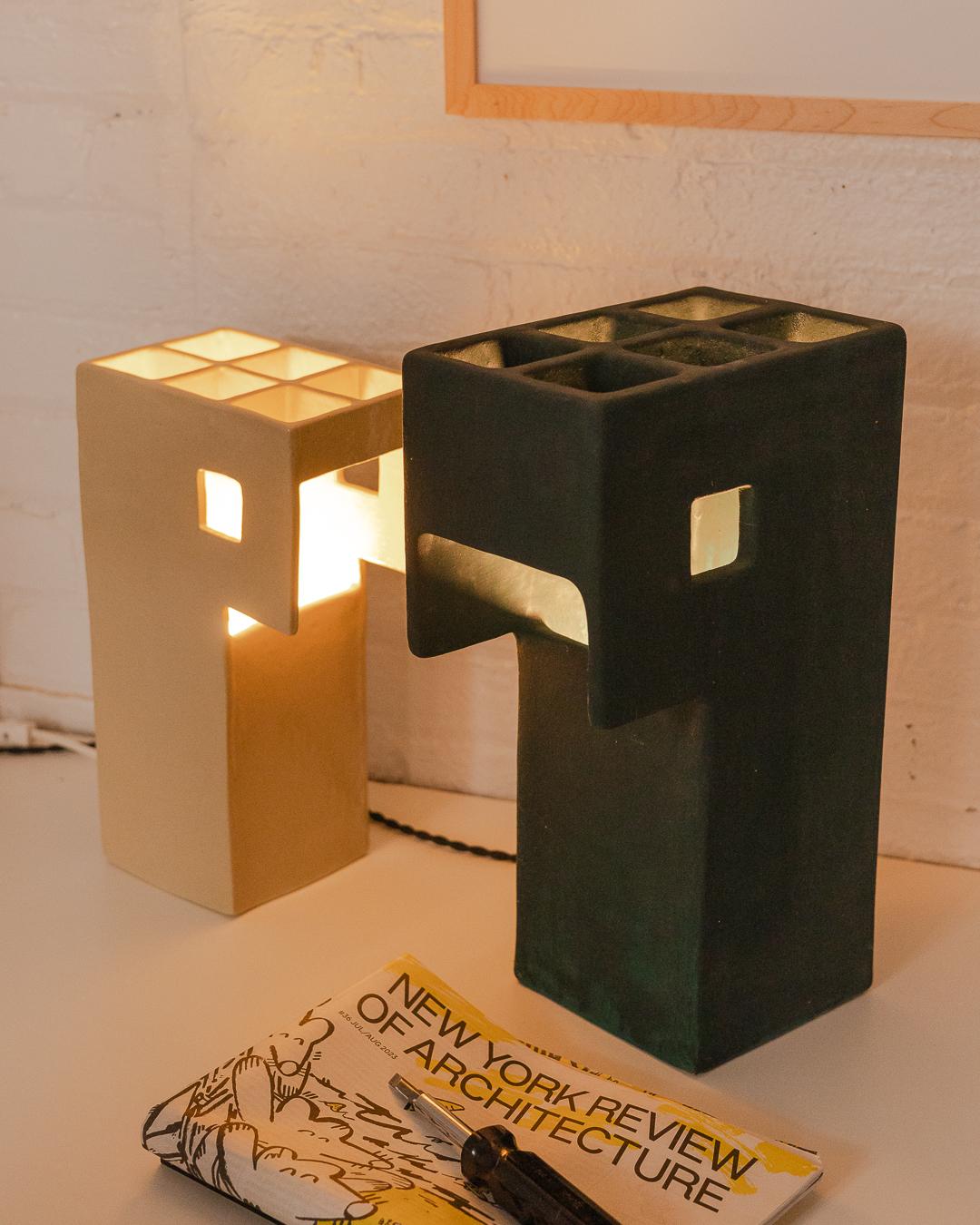 Ding Dong Table Lamp by Luft Tanaka, ceramic, dark green, brutalist, geometric For Sale 1
