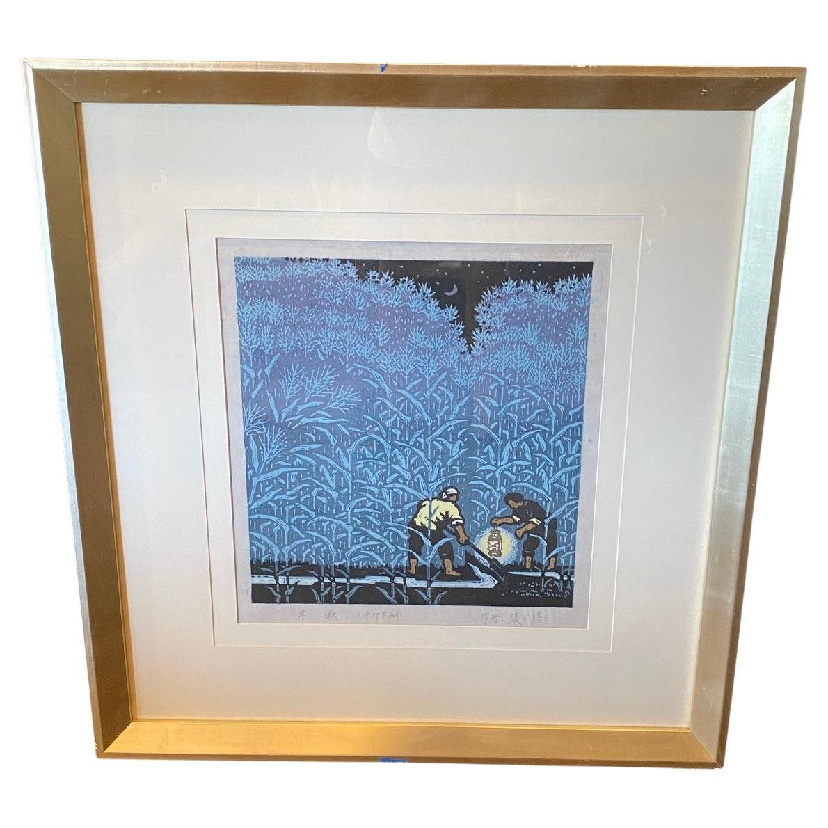 Ding Jitang Ji Tang Signed Large Framed Huxian School Chinese Woodblck Print For Sale