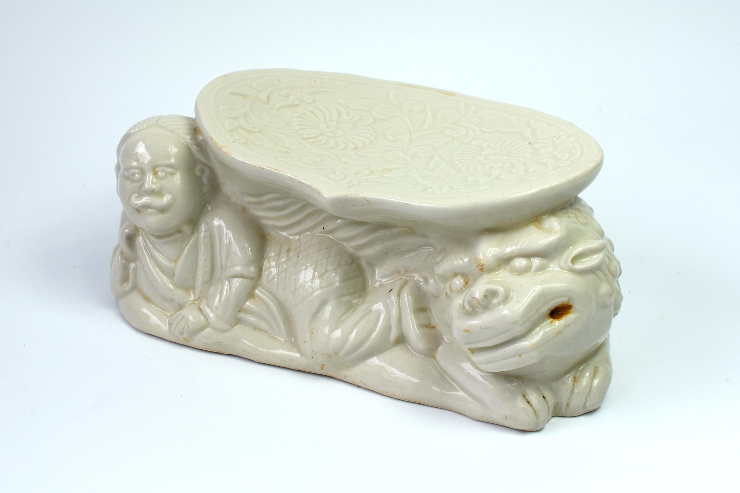 Chinese Ding Kiln Ceramic Pillow Song Style Man and Foo Dog For Sale