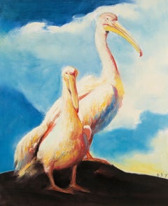 Dingyan E Animal Original Oil On Canvas "American White Pelican"